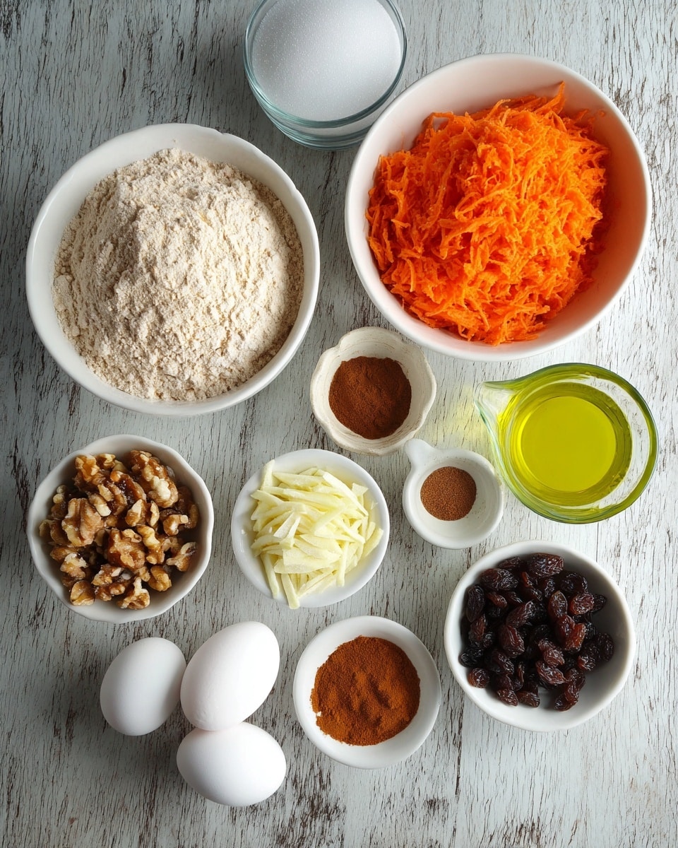Several white bowls and containers hold different baking ingredients arranged neatly on a white marbled surface. There is a large white bowl filled with light brown flour, a medium white bowl heaped with bright orange shredded carrots, and another white bowl with light beige shredded apple or similar fruit. A small white bowl holds a mix of dark brown cinnamon powder and white baking soda or salt. Another small white bowl contains dark raisins, and next to it is a white bowl filled with chopped nuts in light brown tones. A clear glass measuring cup with yellow cooking oil sits nearby. Four white eggs and a white bowl filled with white granulated sugar complete the collection. photo taken with an iphone --ar 4:5 --v 7