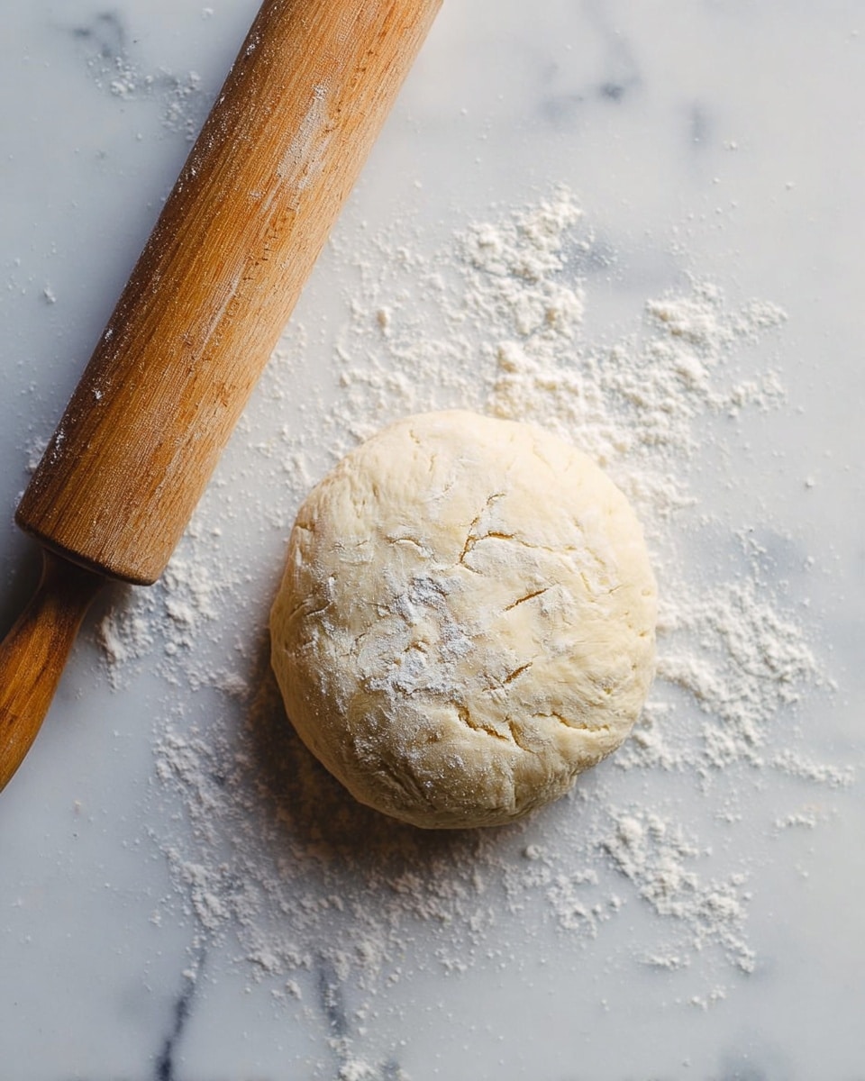 A round ball of pale beige dough sprinkled with white flour rests on a white marbled surface. To the left of the dough, there is a wooden rolling pin with some flour dust on it, lying horizontally. The dough appears soft and slightly textured, with faint marks and a light dusting of flour adding a powdery detail on top. The white marbled surface has gentle gray veins that add subtle contrast to the scene, giving a clean and calm look. photo taken with an iphone --ar 4:5 --v 7