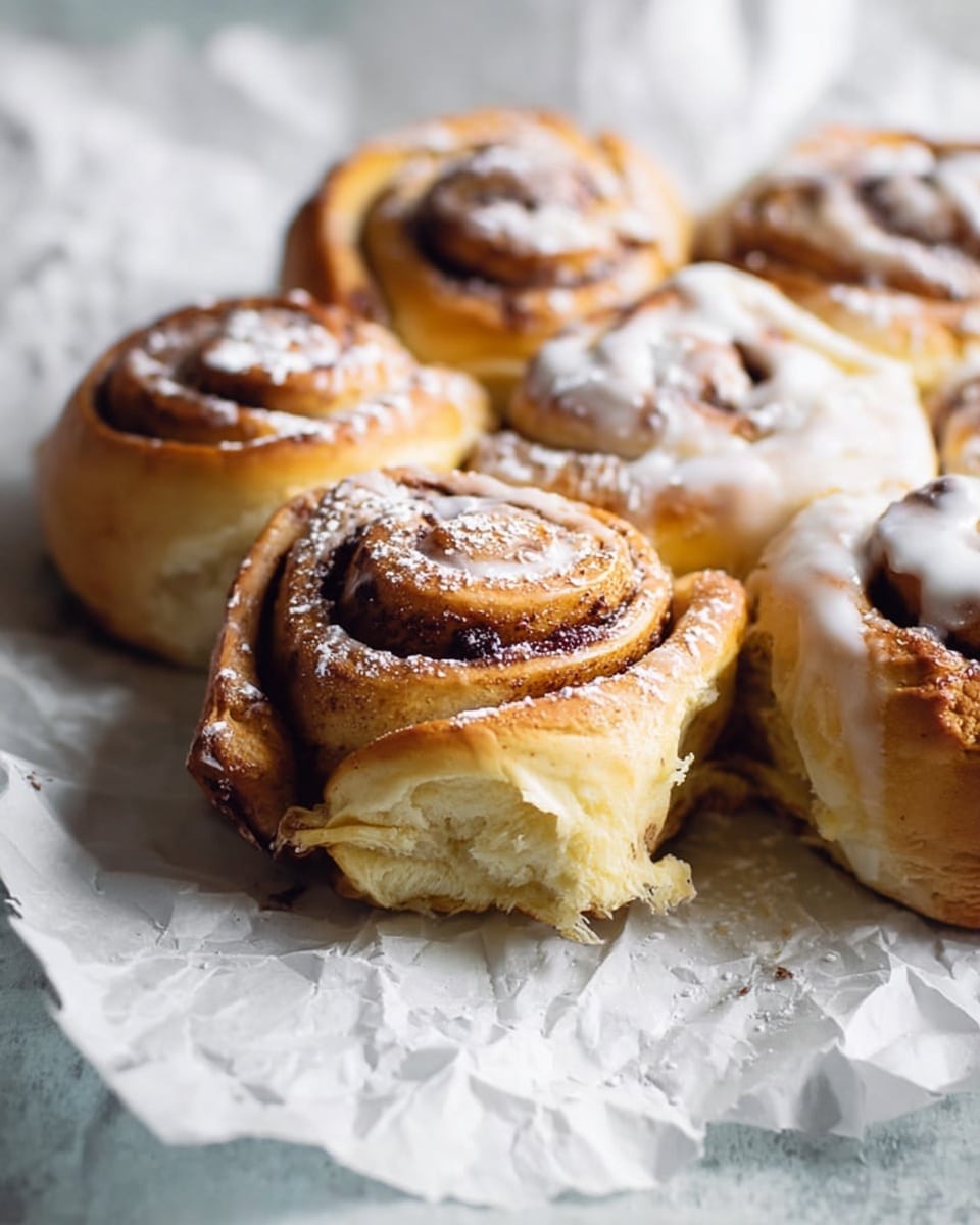 A close-up of six cinnamon rolls arranged tightly on crinkled white parchment paper on a white marbled surface. Each roll has multiple layers of soft golden-brown dough spiraled with dark cinnamon filling. The front roll is slightly pulled apart, showing its fluffy, light yellow inside with thin dough strands. Some rolls on the right have a white creamy glaze spread unevenly, while other rolls are dusted lightly with powdered sugar. The background is softly blurred, making the rolls the main focus. photo taken with an iphone --ar 4:5 --v 7