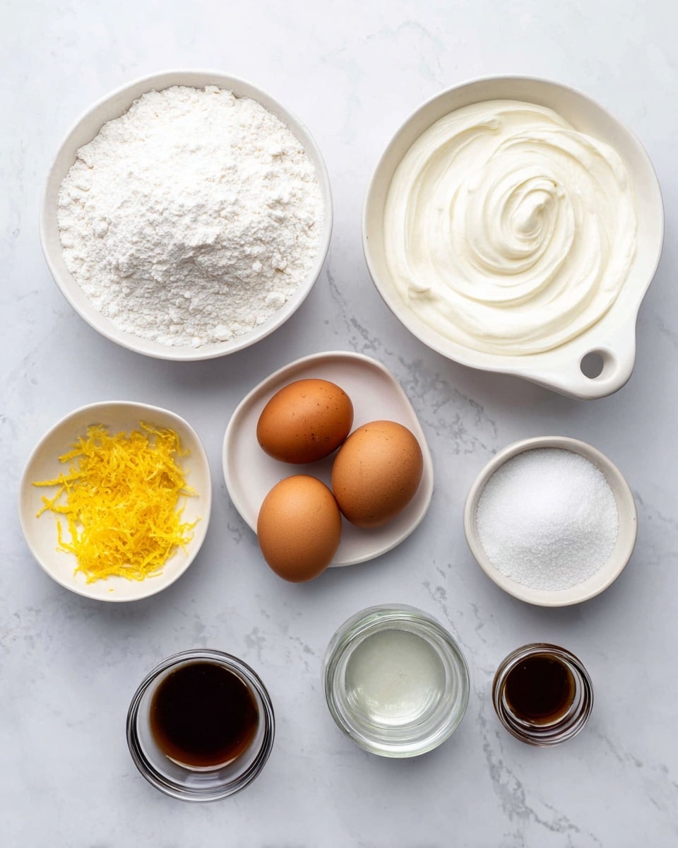 The image shows nine baking ingredients neatly arranged on a white marbled surface. In the top left, there is a white bowl filled with white flour, showing a soft powdery texture. Next to it is a white bowl with thick, creamy white yogurt with swirls on its surface. To the right, a white bowl with a small handle is filled with fine white sugar. Below these, three brown eggs with smooth shells are placed side by side. Alongside the eggs is a small white bowl filled with bright yellow lemon zest, finely grated and fluffy. In the bottom row, there is a tiny white bowl containing a dark brown liquid, likely vanilla extract, a clear glass jar with a thick liquid, and another small white bowl containing white powder and salt, a mix of baking powder and salt with a grainy and powdery texture. The overall layout is orderly and the colors range from white to beige with some yellow and brown accents. Photo taken with an iphone --ar 4:5 --v 7