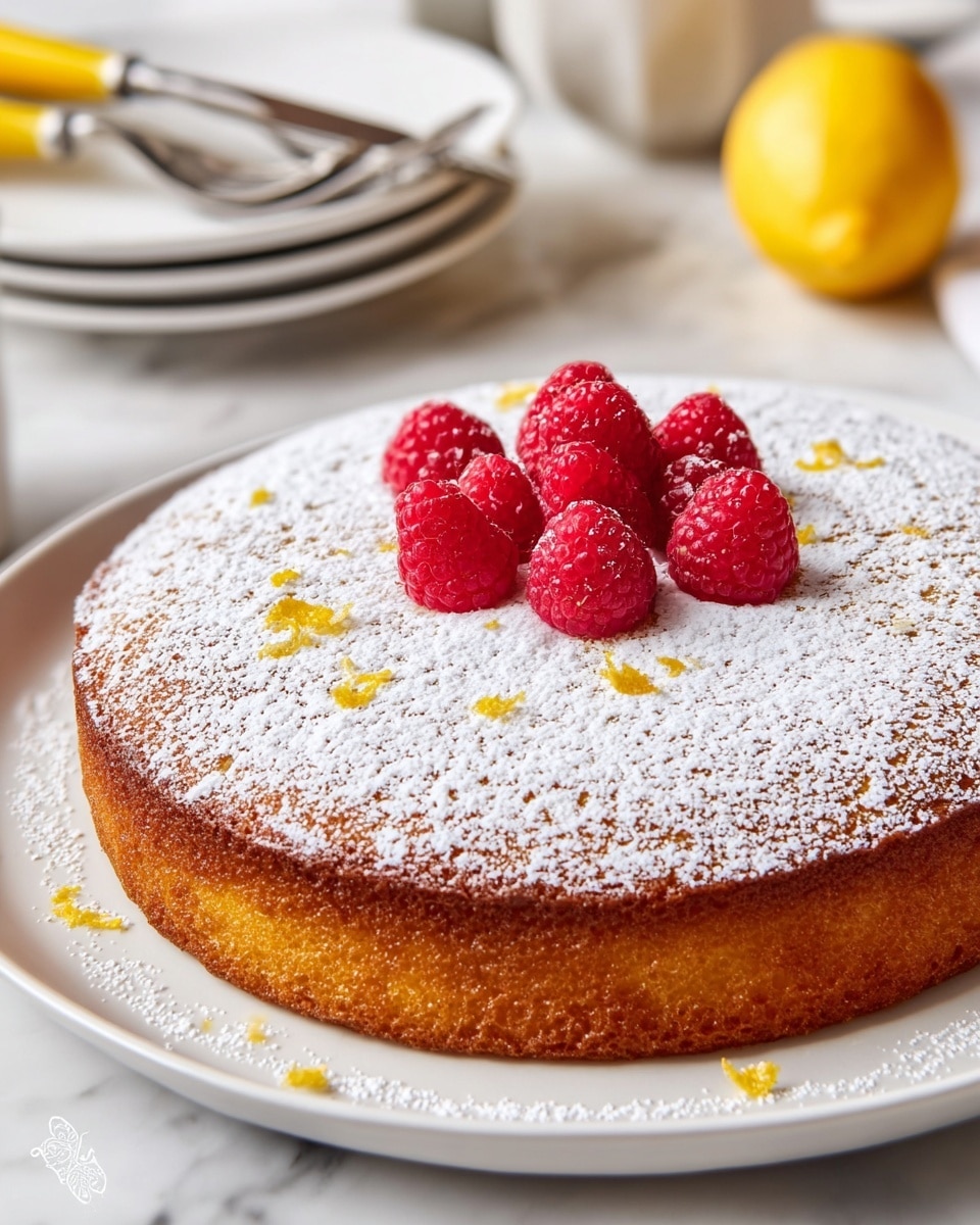 A single-layer round cake with a golden-brown crust sits on a white plate, dusted heavily with fine white powdered sugar that covers the entire top surface evenly. In the center, there are seven fresh red raspberries grouped together, adding a bright pop of color and texture, with a few small pieces of yellow lemon zest scattered lightly around them. The background shows a soft white marbled surface with a lemon and a yellow kitchen utensil nearby, and stacked white plates with silver forks in the blurred distance. Photo taken with an iphone --ar 4:5 --v 7