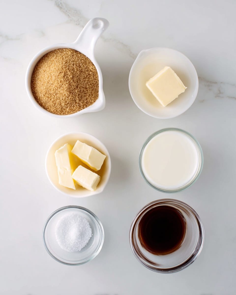 The image shows five small containers arranged on a white marbled surface. The top row has three containers: on the left is a white measuring cup filled with light brown sugar, the middle has a white bowl with three light yellow butter pieces, and the right has a small glass filled with white liquid, likely milk. Below them are two smaller clear glass bowls: one on the left contains white salt, and the one on the right has dark brown vanilla extract. The setup is simple and clean, with soft natural light highlighting the colors and textures of each ingredient. Photo taken with an iphone --ar 4:5 --v 7