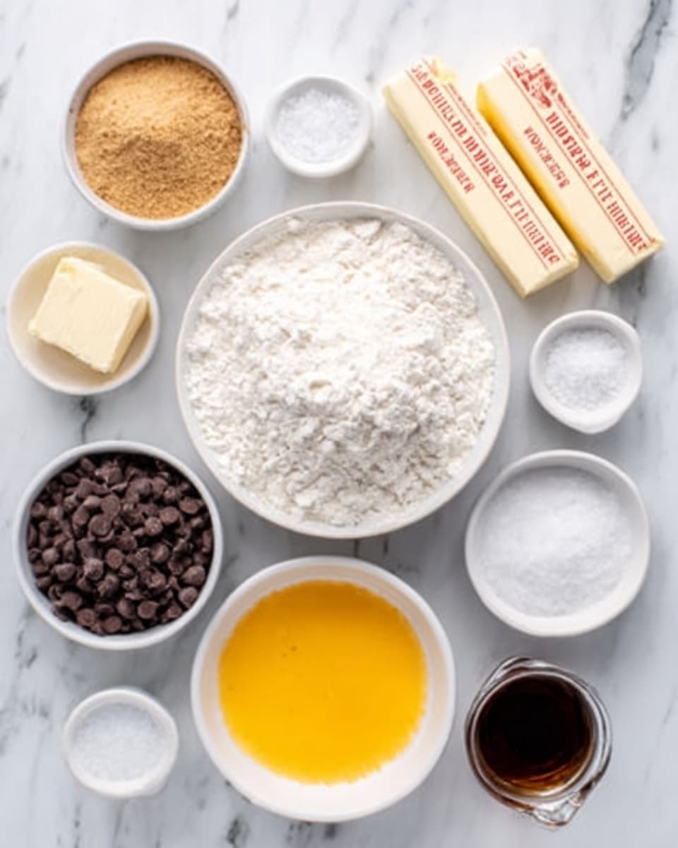 A white marbled surface holds several white round bowls and small containers arranged neatly. In the center, a large white bowl is filled with fine white flour. To the top left, there is a bowl with light brown sugar, and to the right of it, two sticks of butter with red text on the paper. At the top right corner, a small bowl of white salt is visible. Below the flour bowl, a white bowl filled with dark brown chocolate chips shows their round shapes clearly. To its right, another bowl contains a bright yellow melted butter or egg mixture with a smooth surface. Near the bottom center, a small clear glass container holds dark brown vanilla extract. Everything is placed on a bright white marbled background that enhances the clean and fresh look of these baking ingredients. Photo taken with an iphone --ar 4:5 --v 7