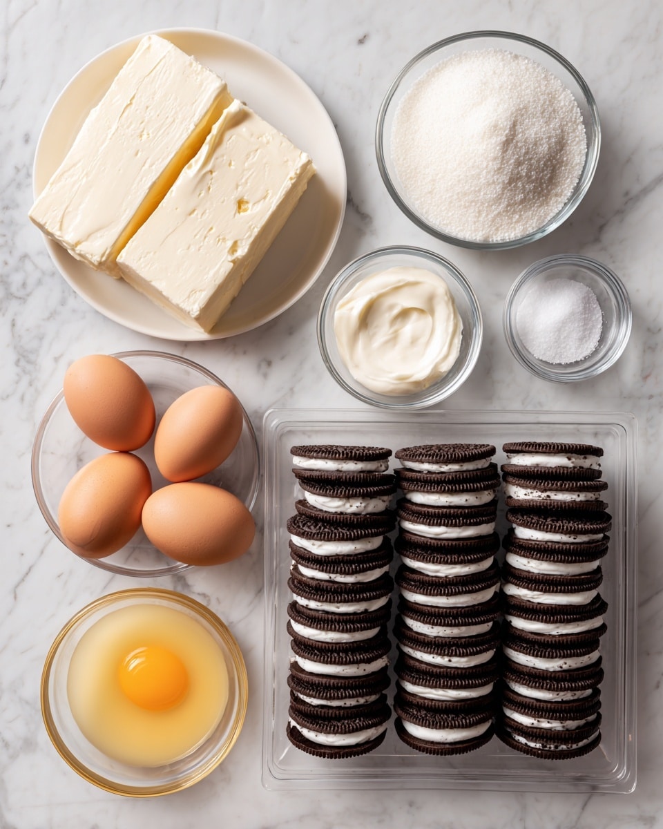 The image shows ingredients for a dessert laid out on a white marbled surface. On the left, there is a white plate with three blocks of cream cheese stacked in one layer. Below that is a small glass bowl with three brown eggs. Next to it, there is a glass bowl of melted butter. Above that is a bowl filled with white granulated sugar and another clear bowl with white sour cream beside it. To the right, there is a clear glass bowl with vanilla extract. Further right, there is a small container of salt. On the far right side, a large plastic tray holds several rows of chocolate sandwich cookies with white cream filling, all stacked upright. photo taken with an iphone --ar 4:5 --v 7