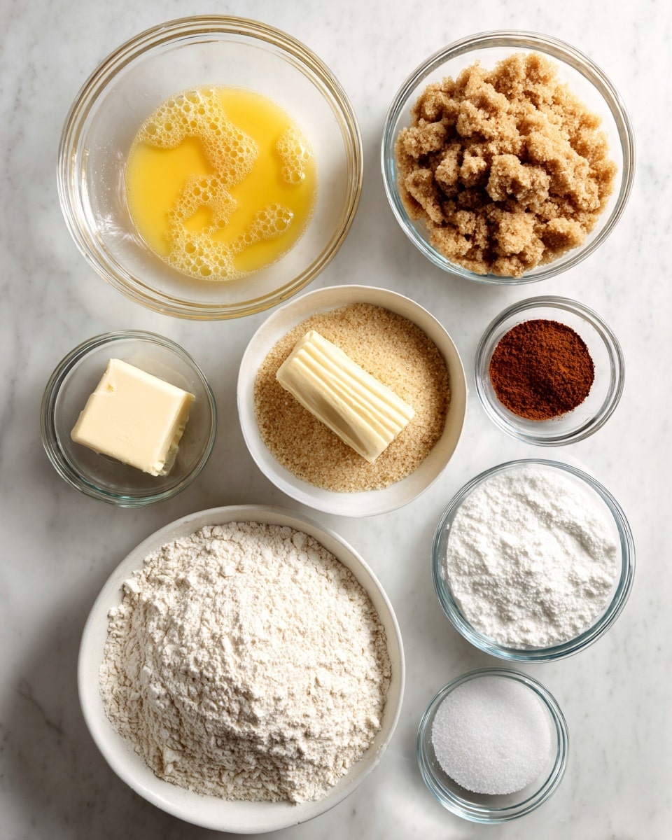 The image shows several clear glass and white bowls arranged on a white marbled surface, each holding different baking ingredients. There is a large white bowl filled with pale, fine flour at the bottom left, next to a partially unwrapped stick of pale yellow butter. A medium white bowl at the bottom right contains a crumbly mixture with a light beige color. Above that, a clear glass bowl holds a coarser light brown sugar pile. To the left of the sugar bowl, a clear glass bowl contains bright yellow beaten eggs with bubbles. To the right of the sugar, there are three smaller clear glass bowls arranged vertically: the top one has a reddish-brown powder (likely cinnamon), the middle one is filled with coarse white granulated sugar, and the bottom one contains a white powder (possibly baking soda or baking powder). The entire setup is clean, well-lit, and spaced evenly. Photo taken with an iphone --ar 4:5 --v 7