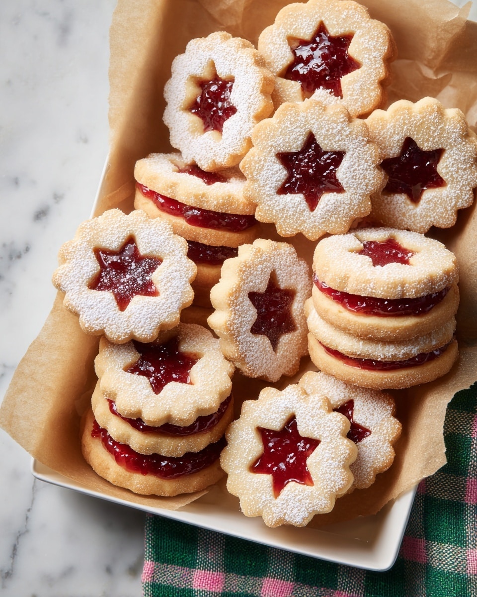 The image shows several flower and star-shaped sandwich cookies on a layer of brown paper placed on a white tray. Each cookie has two layers: the bottom layer is a pale beige cookie base, and the top layer is a matching cookie with a star or circle-shaped cutout in the center, revealing a deep red jam below. The top cookies are dusted with a white powdered sugar, creating a light powdery texture that contrasts with the shiny, smooth jam visible through the cutouts. The cookies vary in size, arranged close together but not overlapping. The tray sits on a white marbled textured surface with part of a green and pink checkered cloth visible to the side. photo taken with an iphone --ar 4:5 --v 7