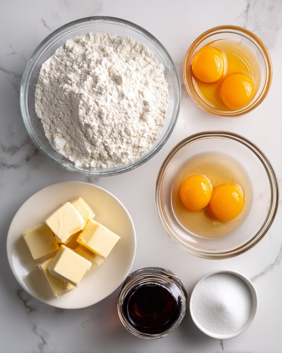 The image shows a white marbled surface with several ingredients arranged neatly. In the center, there is a clear glass bowl filled with white flour. To the top right of this bowl, another clear bowl contains two bright orange egg yolks liquid. At the bottom left, small cubes of yellow butter rest on a white plate. Nearby, a small glass bowl holds white sugar, and another white bowl is filled with white powdered sugar. On the far left, a dark jar of vanilla extract stands upright. The ingredients are spaced evenly, creating a clean, organized look. Photo taken with an iphone --ar 4:5 --v 7