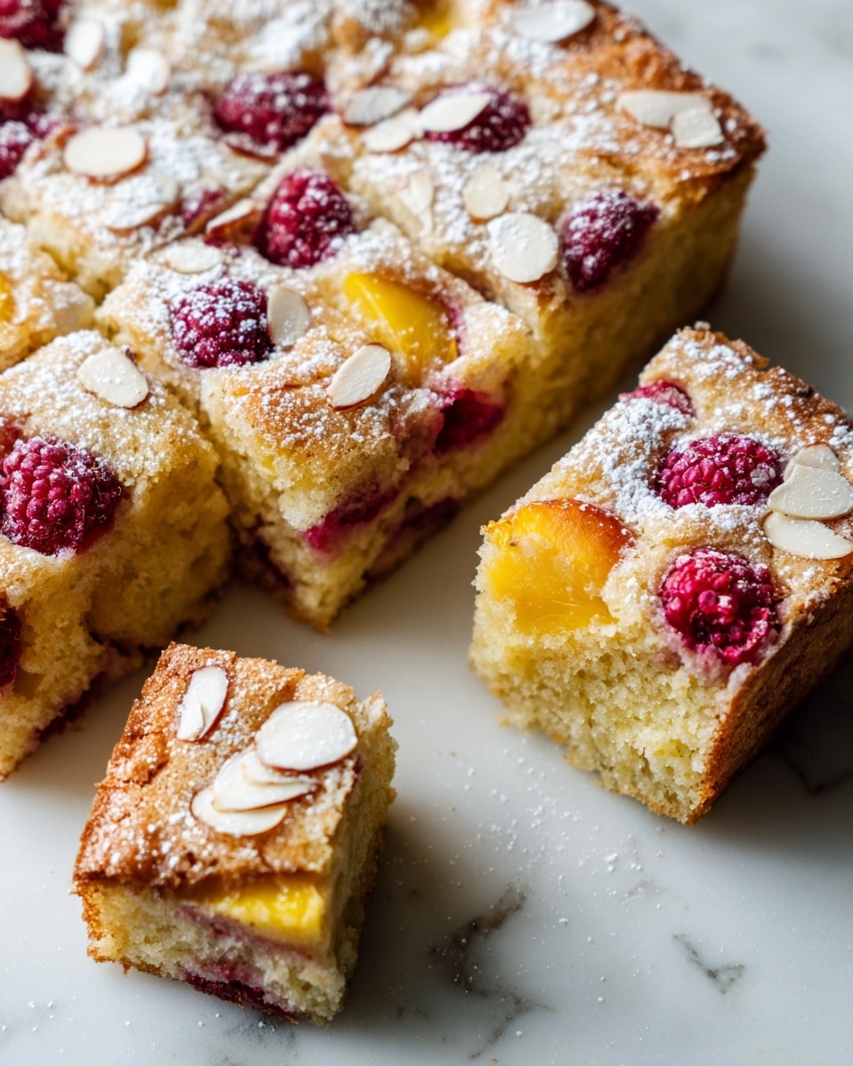 A square golden-brown cake with a slightly rough texture and a light dusting of powdered sugar on top, featuring scattered red raspberries embedded in the batter. Thin almond slices are spread on the surface, adding a touch of white contrast. The cake is cut into several small squares, showing a moist interior with the raspberries visible in each piece. The cake sits directly on a white marbled textured surface with one piece slightly lifted, partially out of the main cake block. photo taken with an iphone --ar 4:5 --v 7
