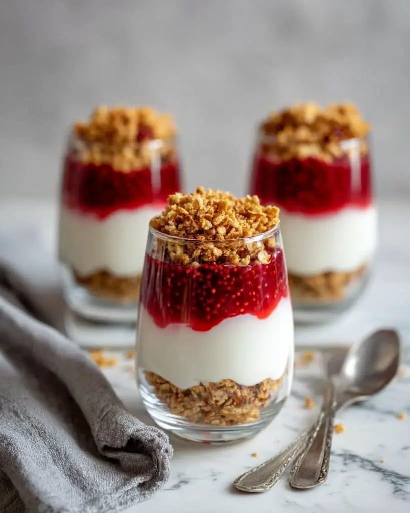 Vanilla Yogurt Cheesecake Pots with Toasted Oats and Raspberries Recipe