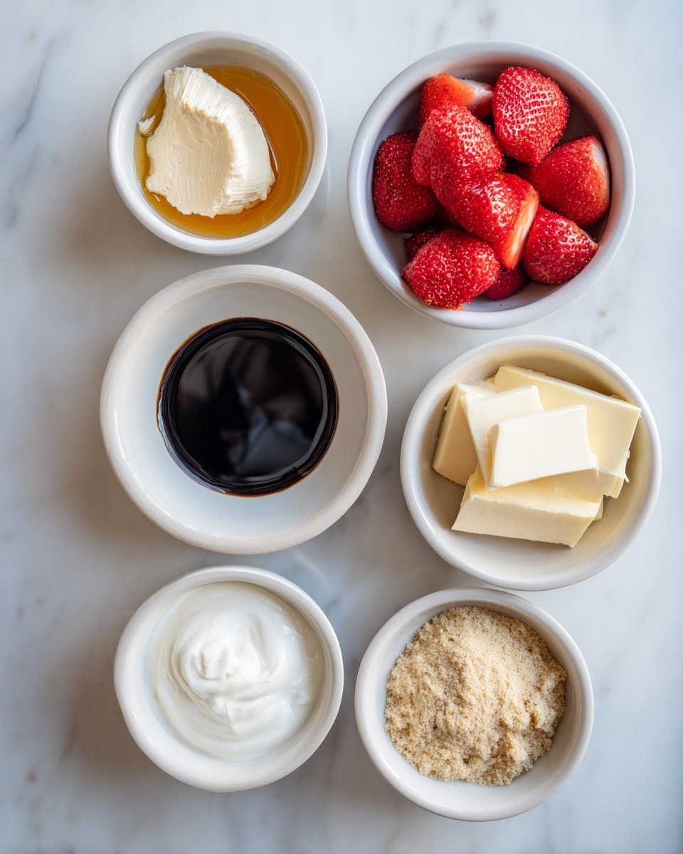 The image shows a top view of seven small white bowls arranged neatly on a white marbled surface. One bowl is filled with bright red frozen strawberries, another with smooth cream cheese, a third with honey that glistens golden yellow, and a fourth with pure white yogurt. One bowl contains a dark, thick-looking black liquid, while another holds several rectangular slices of pale yellow butter along with a few chunks of white butter. The last bowl contains a light brown crumbly powder. The bowls all have clean, simple shapes. The lighting is soft and natural, highlighting the colors and textures well. Photo taken with an iphone --ar 4:5 --v 7