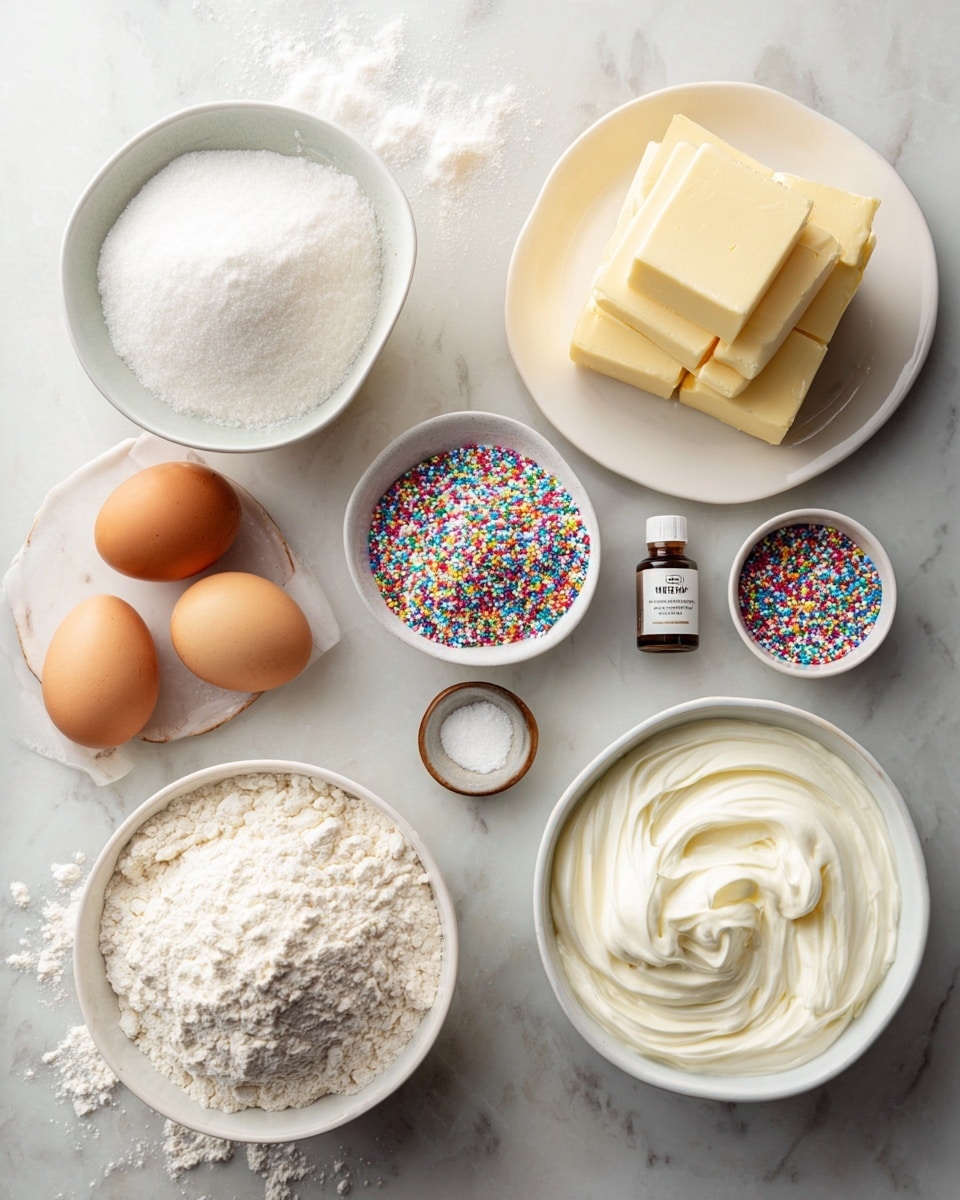 The image shows a white marbled surface with various baking ingredients neatly arranged in small white bowls and white plates. There are three brown eggs placed directly on the surface. One bowl holds light beige oats, another has a thick dark brown syrup, and others contain white flour and sliced almonds. A small white spoon filled with a white powder, a small bottle with yellow liquid, and a block of butter wrapped in white paper are also visible. A small bowl in the center holds red dried fruit pieces, adding a pop of color. The scene is clean and organized, with all items spaced evenly. Photo taken with an iphone --ar 4:5 --v 7