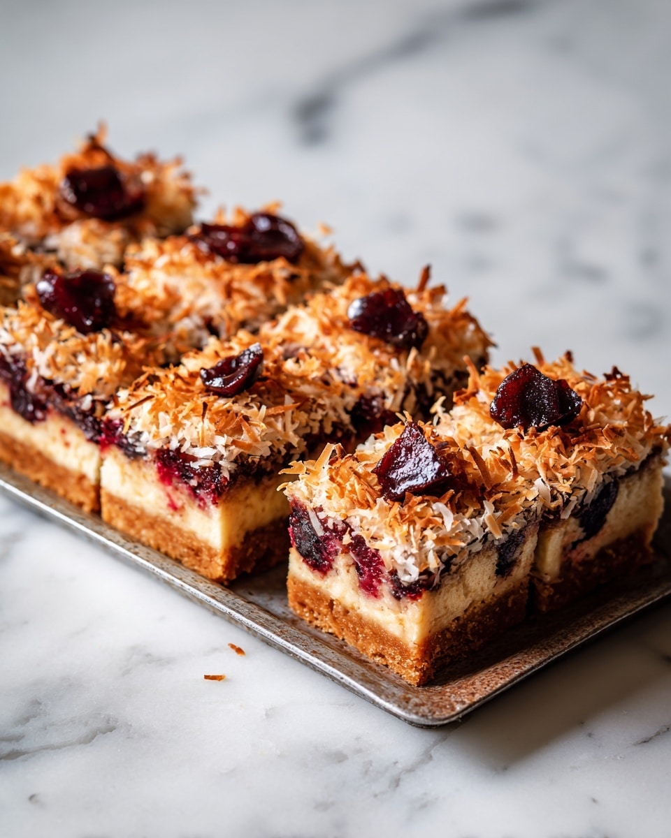 Five rectangular pieces of crumb cake with a golden brown top layer of toasted shredded coconut and dark red cherries inside, placed in a row on a gray metal tray. Each piece shows three main layers: the light golden crust at the bottom, a moist middle layer with visible cherries, and a crispy, textured coconut topping sprinkled with crumbs. The background is a white marbled surface, and there are some crumbs scattered around the tray. Photo taken with an iphone --ar 4:5 --v 7