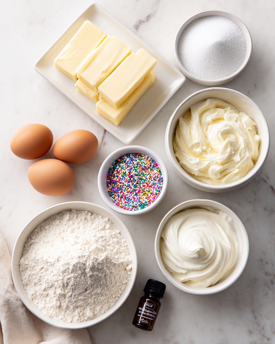 The image shows ingredients for baking arranged on a white marbled surface: a white bowl filled with flour at the bottom left, a white bowl with sugar to the right, a white bowl with thick white cream near the top right, a small white bowl with colorful sprinkles near the top right corner, two brown eggs placed side by side in a small white bowl at the middle left, a rectangular stack of butter squares on a white plate near the top left, and a small bottle of vanilla extract standing between the butter and sprinkles. The scene is clean and bright, with soft natural light highlighting the textures of each ingredient. Photo taken with an iphone --ar 4:5 --v 7
