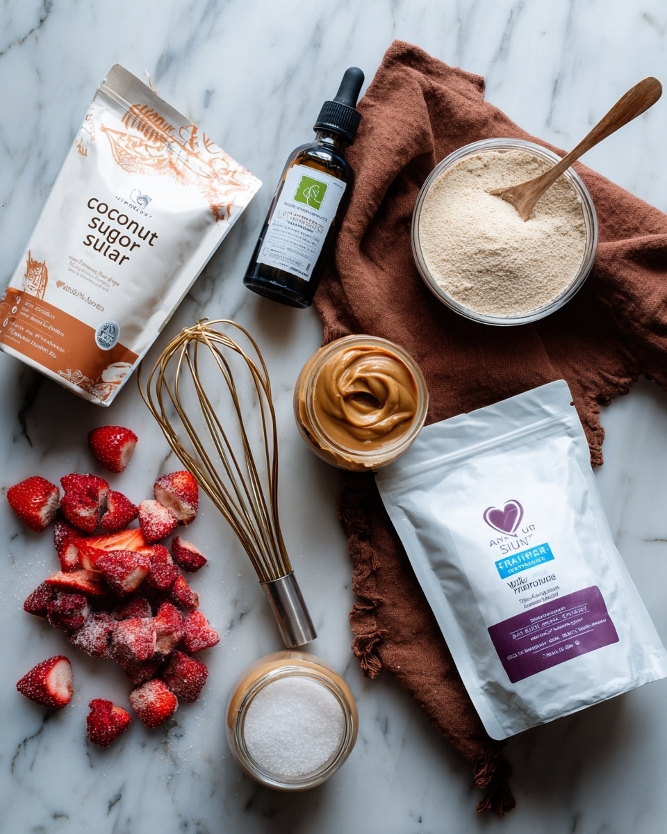 The image shows various baking ingredients placed on a white marbled surface, centered around a brown cloth. There is a white bag of coconut sugar with an orange and brown design on the left, a green-labeled bottle of vanilla extract above it, and a clear bag of light brown turbinado sugar in the center. To the right, there is a large white bag of powdered sugar with a purple top and a heart logo. A metal spoon with brown peanut butter and a jar of peanut butter are near the powdered sugar bag. At the bottom left, there is a red and white package of dried strawberries with some strawberries spilled nearby. To the bottom right, a white bag of ancient fine sea salt with red and blue stripes is visible. A gold whisk with a wooden handle rests on the brown cloth near the vanilla extract photo taken with an iphone --ar 4:5 --v 7