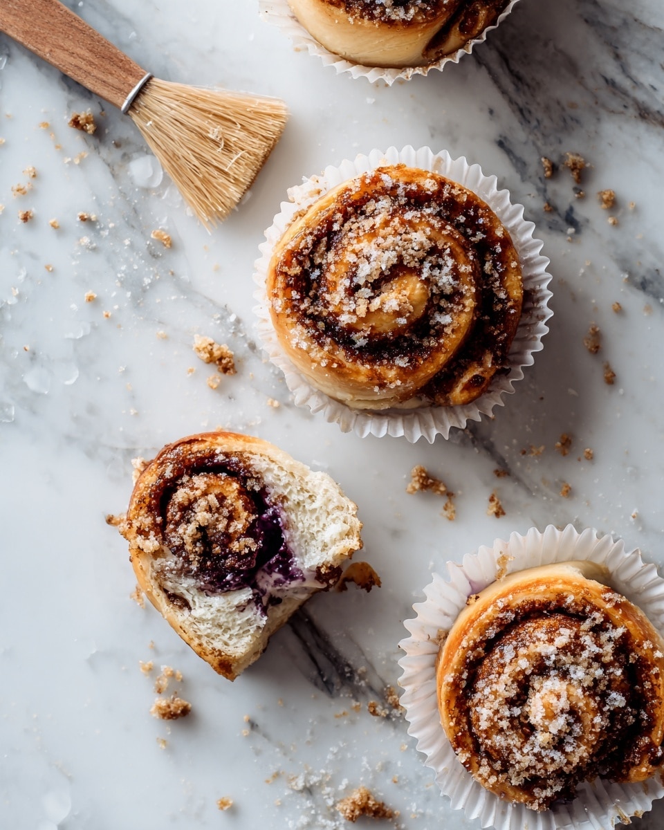 The image shows two small spiral pastries on white paper cups placed on a white marbled surface. One pastry is whole and golden brown with a visible purple filling inside the spiral, and it has a light dusting of sugar on top. The other pastry next to it is partially eaten, revealing the soft, light inside with some purple filling. There is a wooden brush with light brown bristles near the pastries, resting on the surface. The white marbled background adds a clean look to the image. photo taken with an iphone --ar 4:5 --v 7