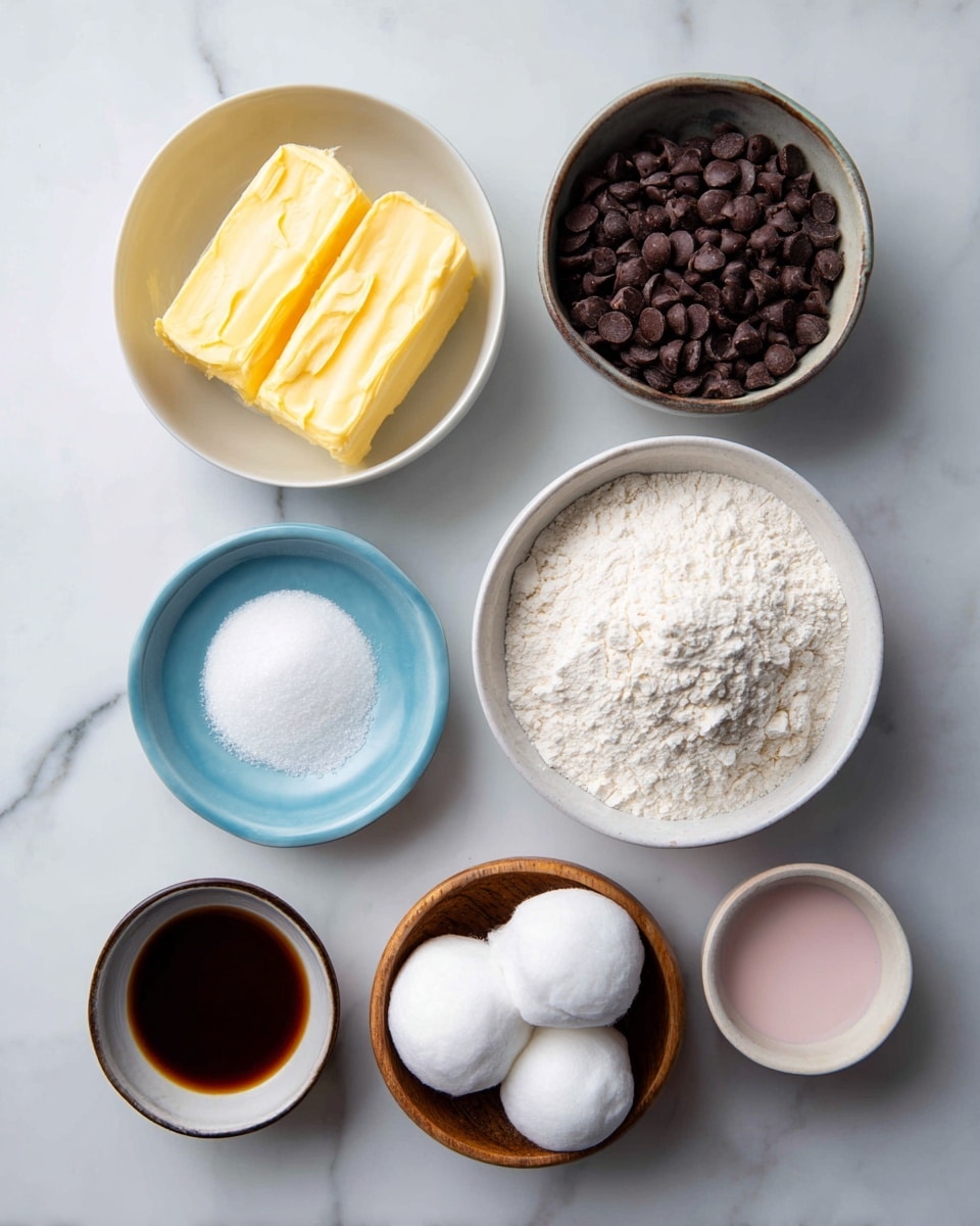 The image shows seven small white bowls and dishes arranged on a white marbled surface. On the top left, there is a small bowl with soft yellow butter. To the right, a larger bowl filled with white flour. Below the flour, a white bowl is filled with dark brown chocolate chips. To the left of the chocolate chips, there is a small blue dish with white sugar and light brown sugar side by side. Above the blue dish, there is a small round bowl with dark brown syrup or liquid. In the bottom row, there is a small wooden bowl with two white balls of cotton or similar soft material placed next to a small white bowl with pink liquid. The photo is taken with an iphone --ar 4:5 --v 7