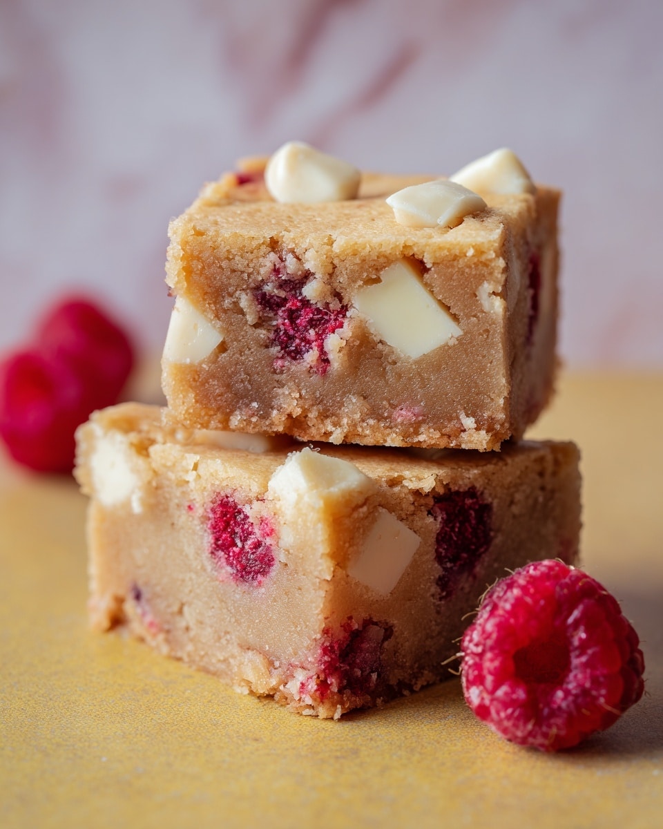 Two thick square pieces of a light brown cake are stacked on a yellow surface; the top piece shows embedded red raspberries and small chunks of white chocolate scattered on the surface. The cake layers have a soft texture with small pores, and the raspberries add a pop of deep red color inside the light brown crumb. The background is blurred, emphasizing the cake squares with bright, warm lighting. photo taken with an iphone --ar 4:5 --v 7