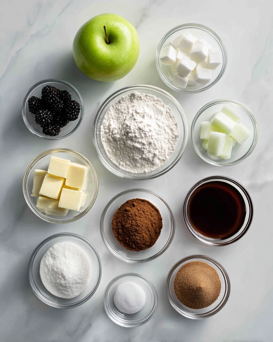The image shows a white marbled surface with eleven small clear glass bowls arranged neatly. At the top center is a whole green apple. Around it are bowls filled with white flour, small blackberries, small white granulated sugar, white cubed butter, dark brown sugar, ground cinnamon, white salt, white baking powder, clear water, and a cup of dark syrup or liquid. Each bowl is smooth and round, and the ingredients show different textures like powder, cubes, and liquid. The scene is clean and bright, with soft lighting. photo taken with an iphone --ar 4:5 --v 7