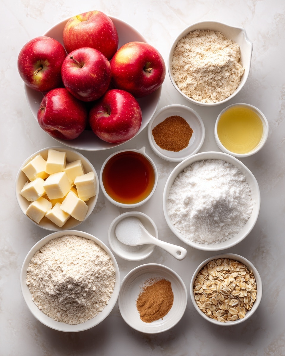 The image shows a top view of several white bowls arranged on a white marbled surface, each containing different baking ingredients. In the center, there is a white bowl filled with bright red apples. Surrounding it are smaller white bowls with light brown sugar, white sugar, white flour, rolled oats, butter cubes, a liquid yellow ingredient, and spices including one with a small white spoon resting on the edge. The bowls are neatly placed, creating a sense of order and preparation for baking, with soft natural light highlighting the colors and textures. Photo taken with an iphone --ar 4:5 --v 7