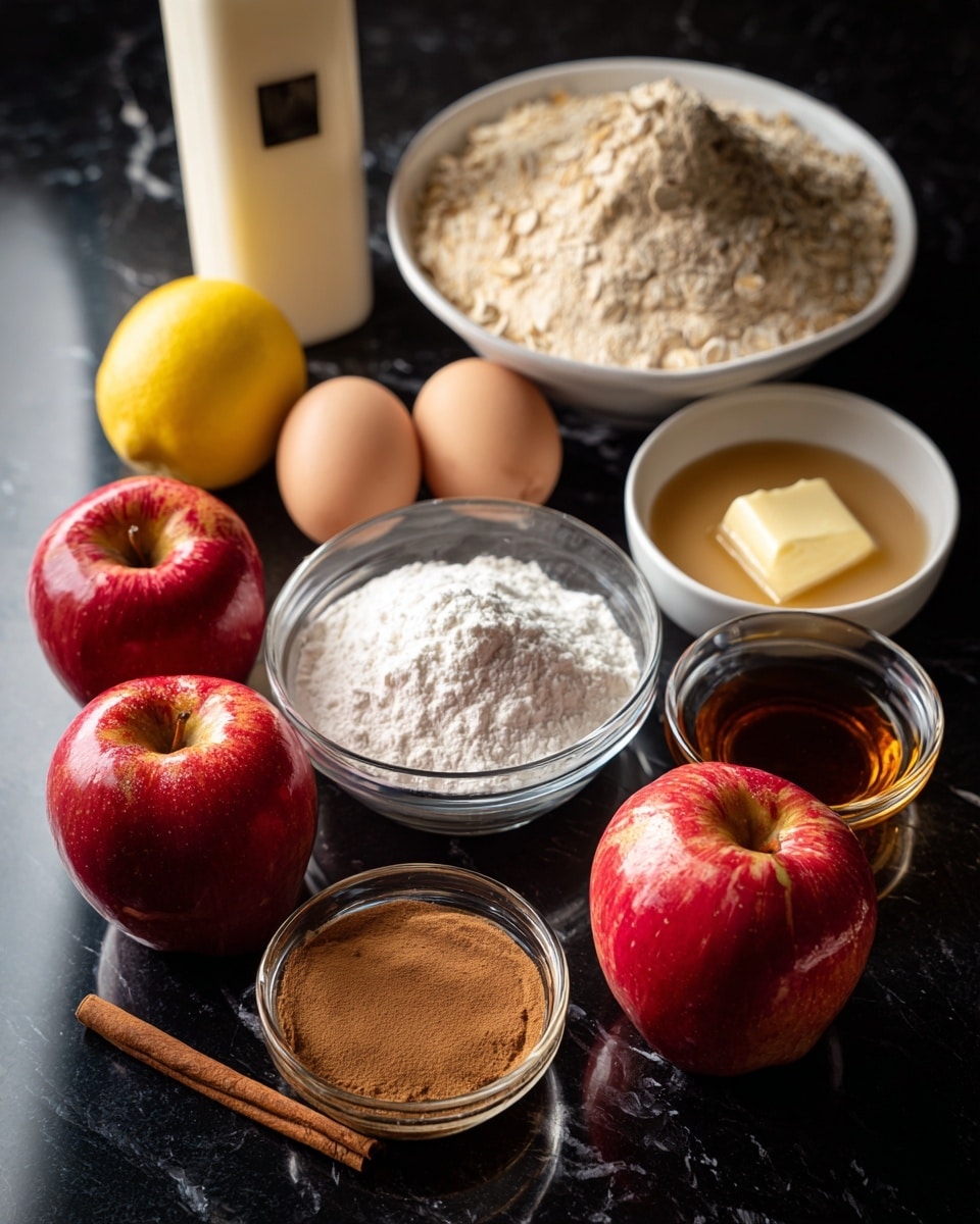 The image shows a collection of baking ingredients arranged on a dark countertop. In the front are two red apples placed close to each other, along with a small clear glass bowl filled with white flour, and another small bowl holding a brown liquid, possibly syrup or vanilla extract. Behind these, there are three eggs sitting directly on the countertop, a cinnamon stick near the eggs, and a yellow lemon. To the left, part of a tall white container with a black label is partially visible. A small piece of butter rests near the flour bowl. In the back, there is a white bowl filled with a light brown powder, likely oats, and a clear glass bowl containing a creamy, beige-colored mixture. The whole scene is set on a white marbled surface. photo taken with an iphone --ar 4:5 --v 7