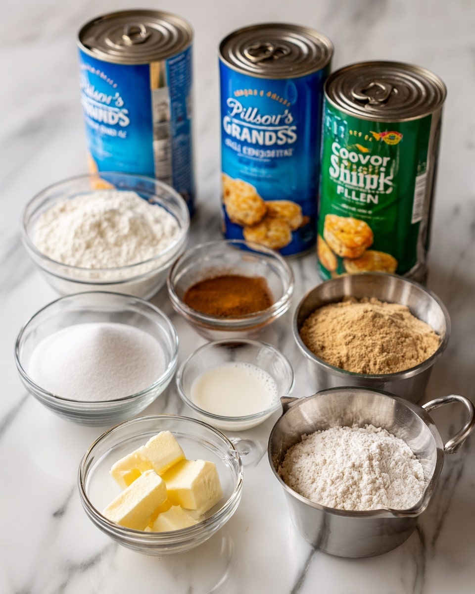 The image shows several ingredients arranged on a white marbled surface. In the back, there are three blue cans of Pillsbury Grands! biscuit dough, with one can lying down and two standing. Next to them is a green can of Clover Valley apple pie filling with cinnamon. In front of the cans, there are six small clear glass and metal bowls. From left to right, the bowls contain white granulated sugar, light brown sugar, two tablespoons of vanilla extract and milk each in small glass measuring cups, a small portion of butter in a clear glass bowl, and a metal bowl with white powder and spices. The setup looks clean and ready for baking. photo taken with an iphone --ar 4:5 --v 7