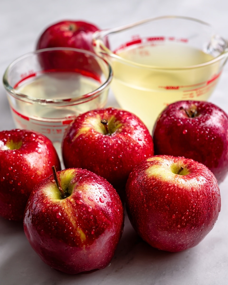 The image shows six fresh apples in the front, in shades of red and yellow with a shiny texture and small water droplets on the surface. Behind the apples, there are two clear measuring cups with liquid inside; the one on the left is filled with a clear liquid, while the one on the right has a light yellow liquid. Both cups have red measurement markings. The items are placed on a white marbled surface with a soft, clean background. photo taken with an iphone --ar 4:5 --v 7