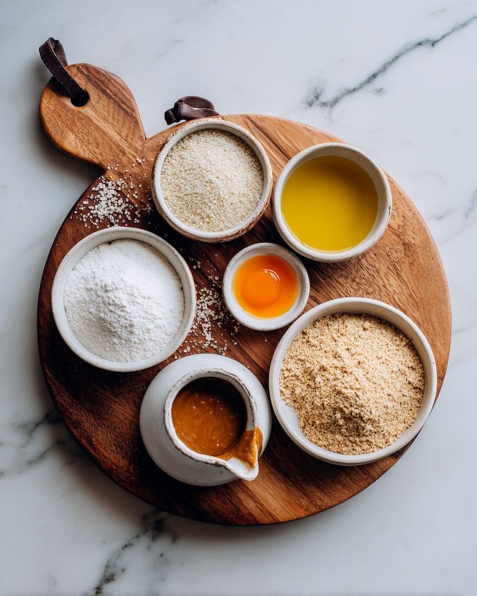 A round wooden board with a leather strap holds six white dishes with different ingredients. Starting from the top right, there is a small bowl filled with yellow oil, next to a smaller white dish with an orange liquid. Below that, a tiny white cup with a thick brown sauce sits near a larger bowl filled with white powder. To the left, a bowl has white granules, and a medium-sized bowl contains beige granules. The wooden board has a warm color and smooth texture, all placed on a white marbled surface. Photo taken with an iphone --ar 4:5 --v 7