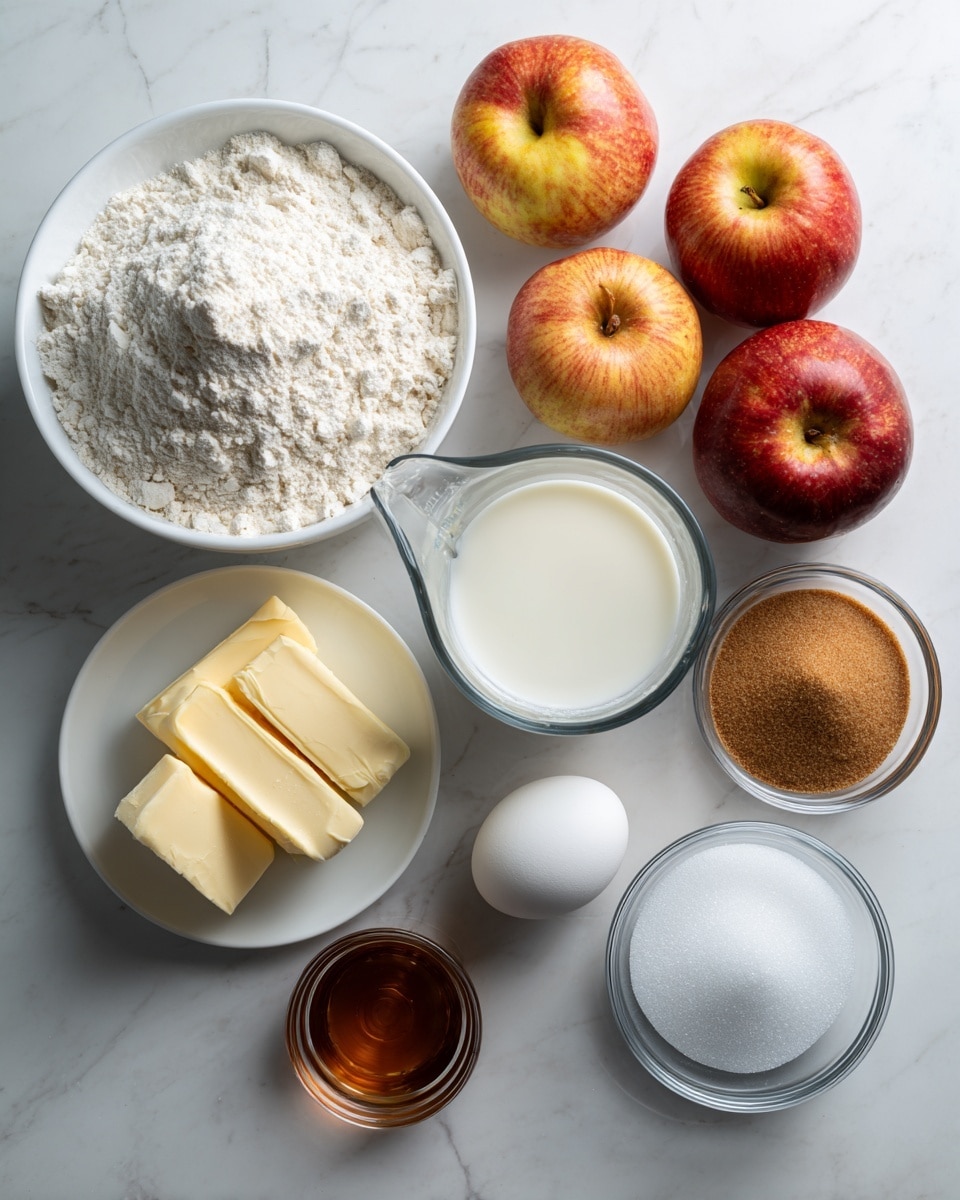 The image shows various baking ingredients arranged on a white marbled surface. There is one large white bowl filled with white flour, two whole apples with red and yellow skin, a clear measuring cup filled with milk, and a clear bowl with white granulated sugar. Next to them are smaller clear bowls containing brown sugar and white powdered baking soda. A stick of yellow butter with a wrapper, a glass with brown liquid, and a white egg are also placed near the center, all clearly visible from above. Photo taken with an iphone --ar 4:5 --v 7