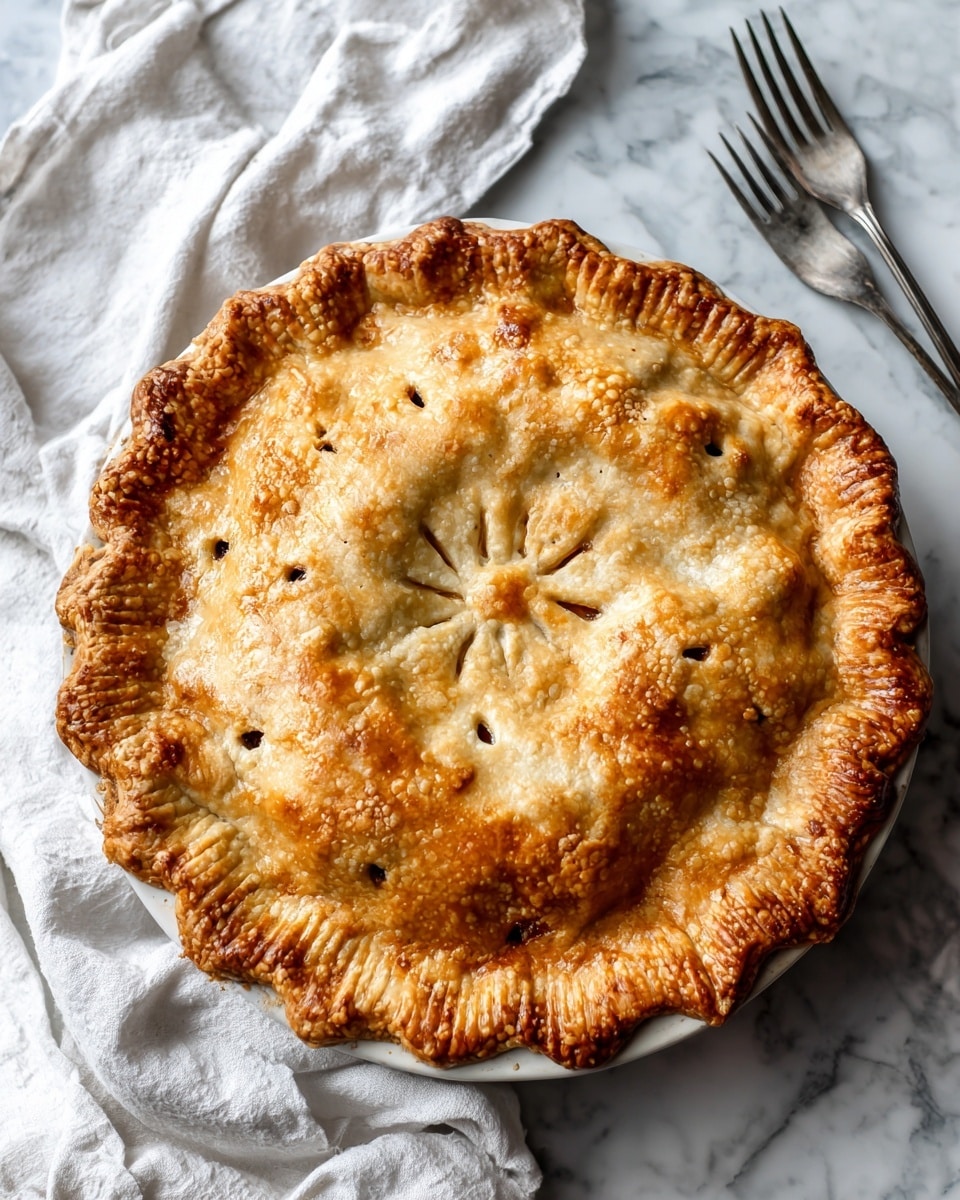 A whole round pie with a golden brown crust sits on a white marbled surface. The pie has a slightly puffed top layer with small vent holes scattered across it, showing a light golden texture with crimped edges around the sides. The crust looks flaky and slightly cracked in some places, giving a hearty and homemade feel. A silver fork rests next to the pie on the white marbled surface, and a white cloth is seen beside it. photo taken with an iphone --ar 4:5 --v 7