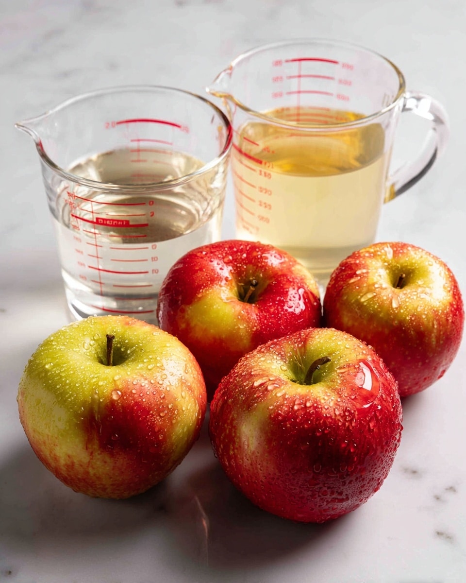 The image shows a white marbled surface with six fresh apples arranged in front of two clear measuring cups. The apples are a mix of yellow and red, shiny with small drops of water on their smooth skin. The two clear measuring cups behind the apples contain liquids; the cup on the left is filled with a clear liquid, while the cup on the right holds a pale yellow liquid. The cups have red measurement markings on them, and the scene is brightly lit, highlighting the crisp textures and colors. photo taken with an iphone --ar 4:5 --v 7