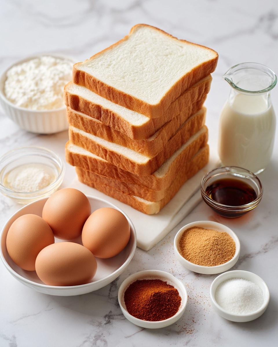 The image shows several slices of white bread stacked in two piles with soft, light brown edges and a fluffy white inside, placed on a white marbled surface. In the center, there is a white bowl filled with seven light brown eggs. Around the bowl, there are small white bowls and a small glass pitcher placed on the same white marbled surface. One bowl contains a dark brown liquid, another holds a reddish syrup, another has a reddish-brown powder, and another shows pale brown sugar. The glass pitcher is filled with white milk. Photo taken with an iphone --ar 4:5 --v 7
