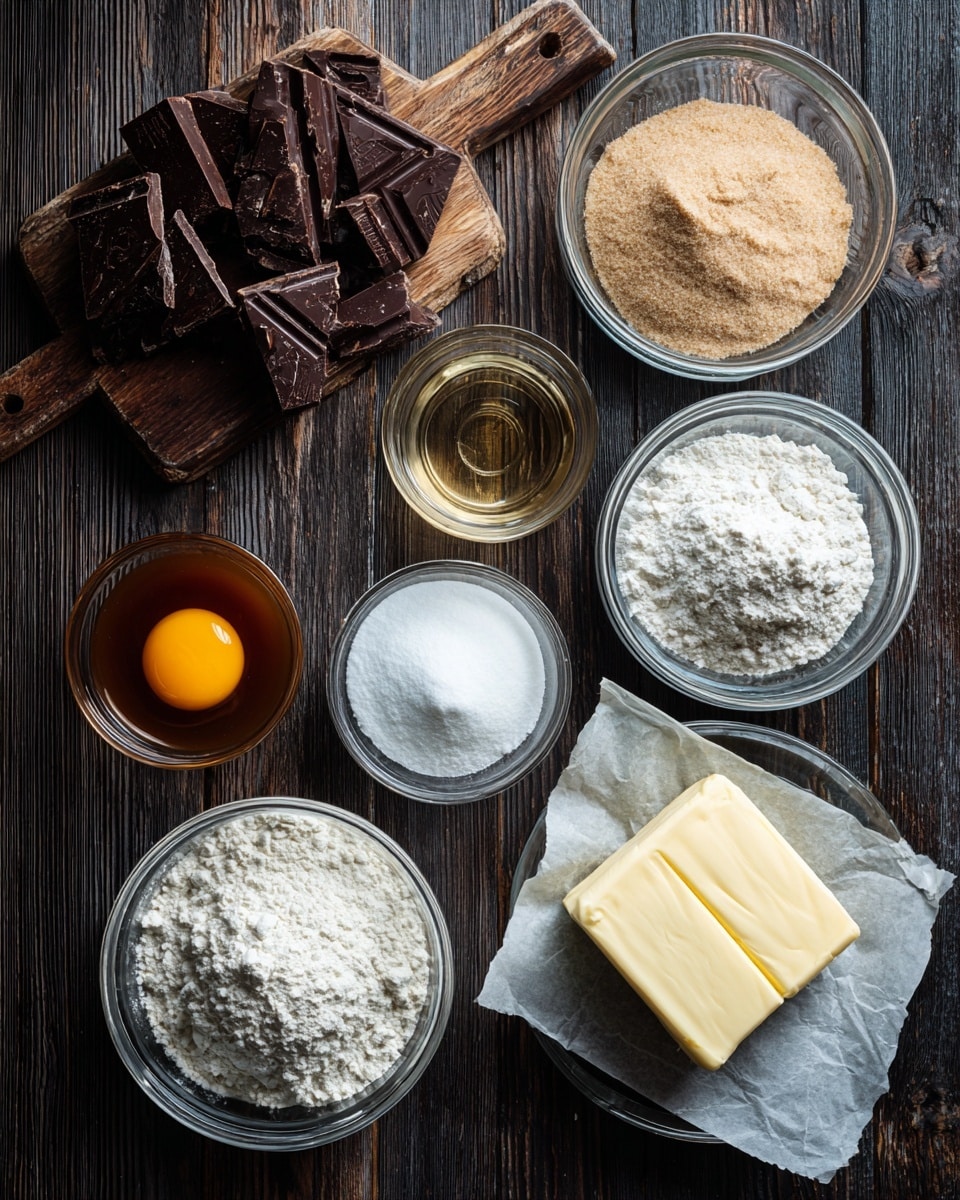 The image shows eight ingredients arranged on a dark wooden surface, which will be changed to a white marbled texture. On the top left, broken pieces of dark chocolate sit on a wooden cutting board. Next to it, a small glass bowl with a clear liquid, then a larger glass bowl with light brown sugar, and another glass bowl with white granulated sugar. At the center, a small white bowl with smooth caramel sauce. Below it, a glass bowl of white flour, beside a smaller glass bowl containing baking powder and baking soda. To the bottom left, there is a glass bowl with one raw egg yolk, and on the right side, a rectangular piece of pale yellow butter on parchment paper. Photo taken with an iphone --ar 4:5 --v 7