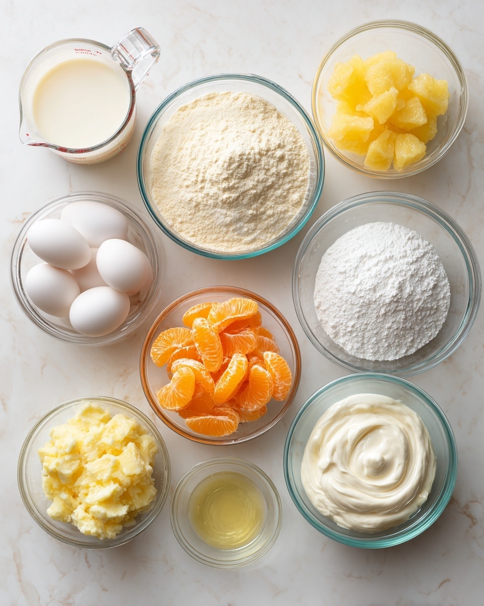 The image shows ten clear glass bowls and one glass measuring cup arranged on a white marbled surface. The top row has a glass measuring cup with milk on the left, a large bowl filled with a pale yellow flour-like powder in the middle, and a small bowl of white powder on the right. The middle row has a bowl of three raw eggs on the left, a bowl filled with bright orange mandarin slices in the center, a bowl of white powder at the top right, and a bowl with yellow crushed pineapple at the right edge. The bottom row has a small bowl with clear oil on the left, a bowl of light yellow crushed pineapple in the center, and a bowl of white thick cream on the right side. The arrangement is neat, with all the bowls clearly visible. Photo taken with an iphone --ar 4:5 --v 7