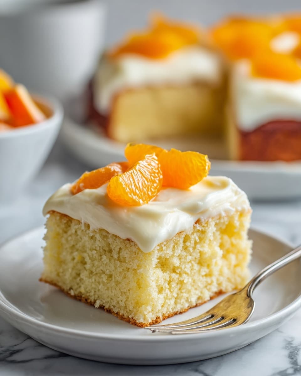 The image shows a close-up of a rectangular cake with two visible layers: the base is a brown cake layer with a rough texture, topped with a thick layer of creamy white frosting that looks smooth and slightly fluffy. On top of the frosting, there are bright orange mandarin slices and small yellow pineapple pieces scattered evenly, adding bright color contrast. The cake is placed on a wooden board, set on a white marbled surface. The edges of the frosting are slightly uneven, giving it a homemade look. photo taken with an iphone --ar 4:5 --v 7