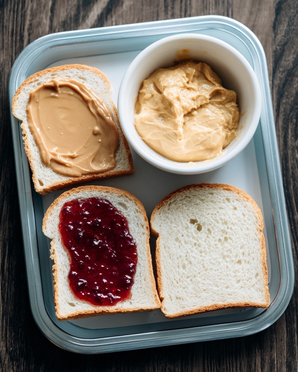 The image shows two slices of sandwich bread with peanut butter and red jelly spread on the inside surfaces, placed on the left side of a light blue tray with a silver edge, while two plain slices of bread are on the right side of the tray. Above the tray, there is a white bowl containing a light yellow mixture with some lumps, all placed on a dark wood surface that is replaced with a white marbled texture. The peanut butter has a smooth and creamy texture with slightly glossy jelly patches that look slightly shiny. The plain bread slices have a soft, airy texture with visible holes. photo taken with an iphone --ar 4:5 --v 7