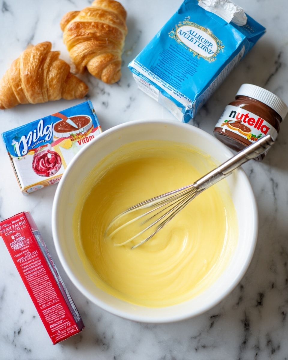 A white bowl filled with a smooth yellow mixture and a whisk inside it sits on a white marbled surface. Around the bowl, there is a blue carton of milk lying on its side, a small box of vanilla Jell-O standing upright, a crescent rolls tube, a jar of Nutella with the lid open, and a red and blue pie crust package. All items are arranged close together on the white marbled background. Photo taken with an iphone --ar 4:5 --v 7