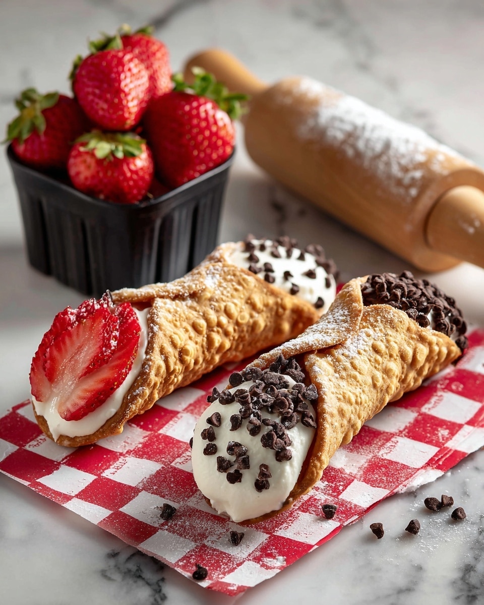 Two cannoli sit on red-and-white checkered paper over a wooden surface. The front cannoli is topped with white cream sprinkled with small dark chocolate bits at both ends. The second cannoli, leaning on the first, is layered with white cream at the bottom, a smooth thick layer of dark chocolate spread, and two slices of bright red strawberry on top, also sprinkled with small dark chocolate bits. Behind them, a white basket holds fresh red strawberries with green tops, and there is a long wooden rolling pin dusted with white flour nearby. The setting is on a rustic wooden table. Photo taken with an iphone --ar 4:5 --v 7