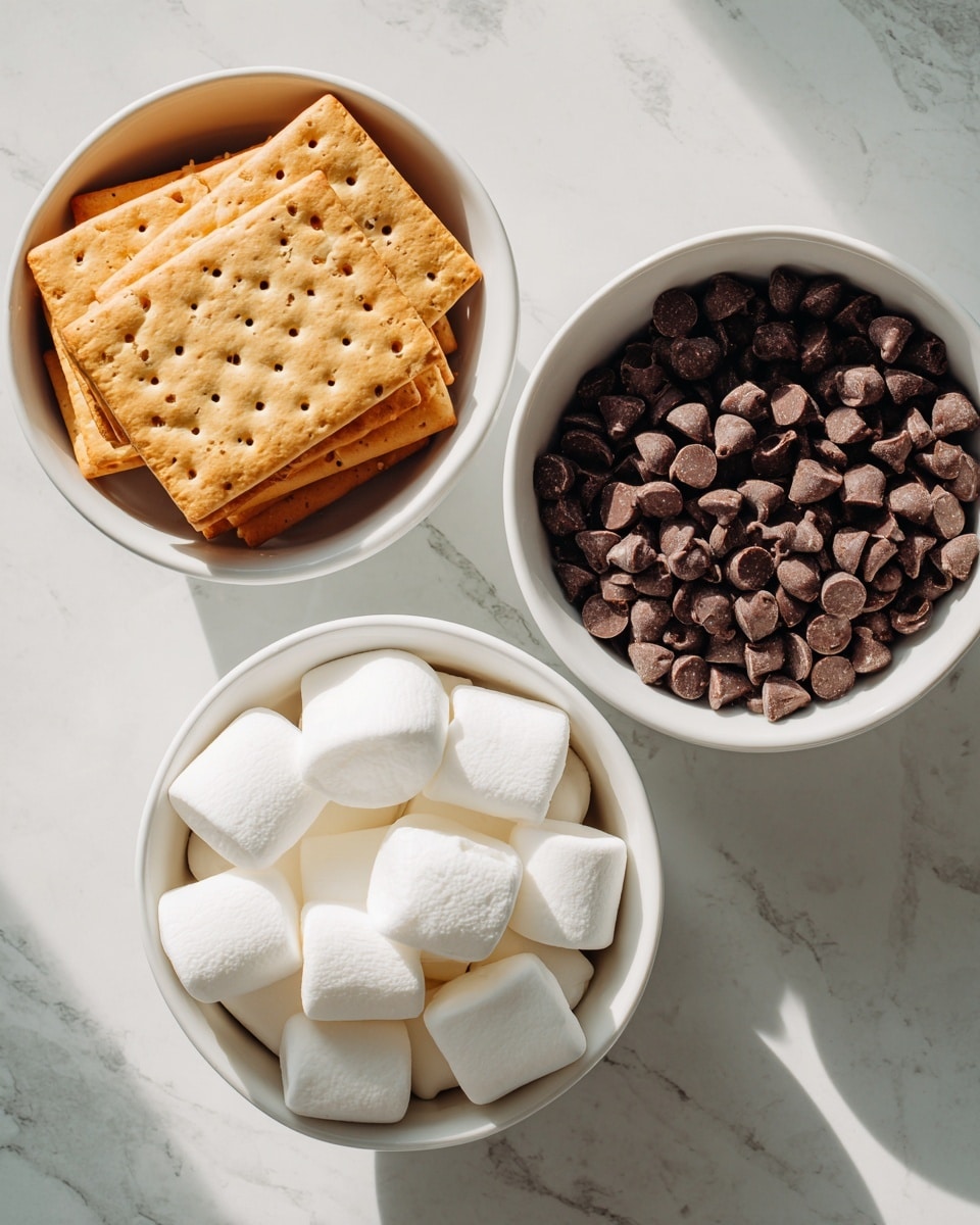 The image shows three white bowls on a white marbled surface. The top left bowl holds five rectangular golden brown crackers, some stacked and one broken, each with small holes on top. The top right bowl contains dark brown chocolate chips piled high. The bottom bowl is filled with several large, soft, and fluffy white marshmallows. The bowls are neatly arranged and the lighting is bright and natural. Photo taken with an iphone --ar 4:5 --v 7
