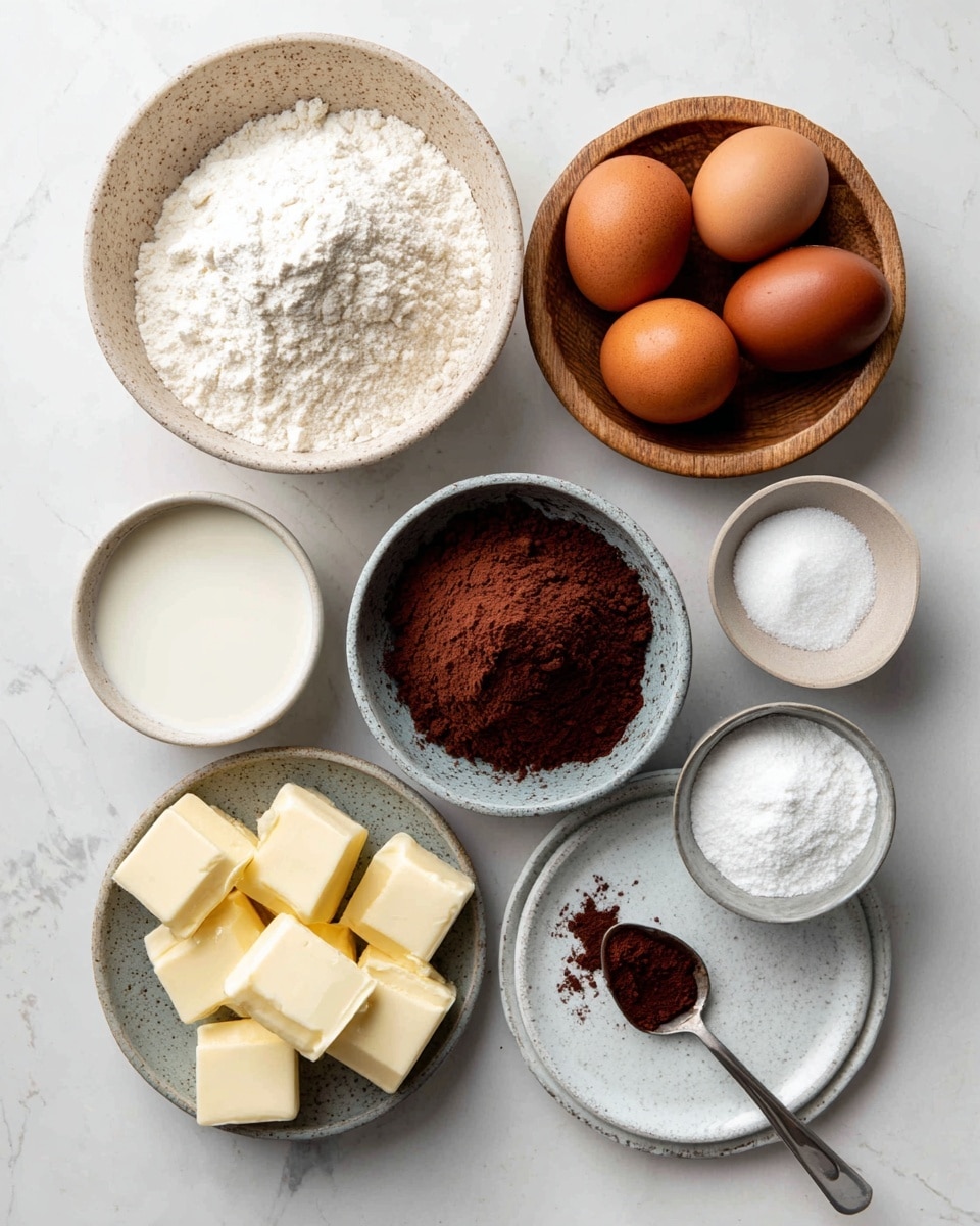 The image shows seven bowls and a spoon with baking ingredients arranged on a white marbled surface. At the top center, there is a speckled beige bowl filled with white flour. To its right, a wooden bowl holds four brown eggs. Below the eggs, a white bowl contains a small amount of milk or cream. At the bottom left, a white bowl holds several square pieces of pale yellow butter. Next to it on the right is a metal bowl filled with granulated white sugar. Above the sugar, a gray speckled bowl contains dark brown cocoa powder. A small white plate with salt is above the cocoa powder, and next to it is a white plate with a teaspoon holding a dark brown powder. The items are spaced apart on the clean, light background. photo taken with an iphone --ar 4:5 --v 7