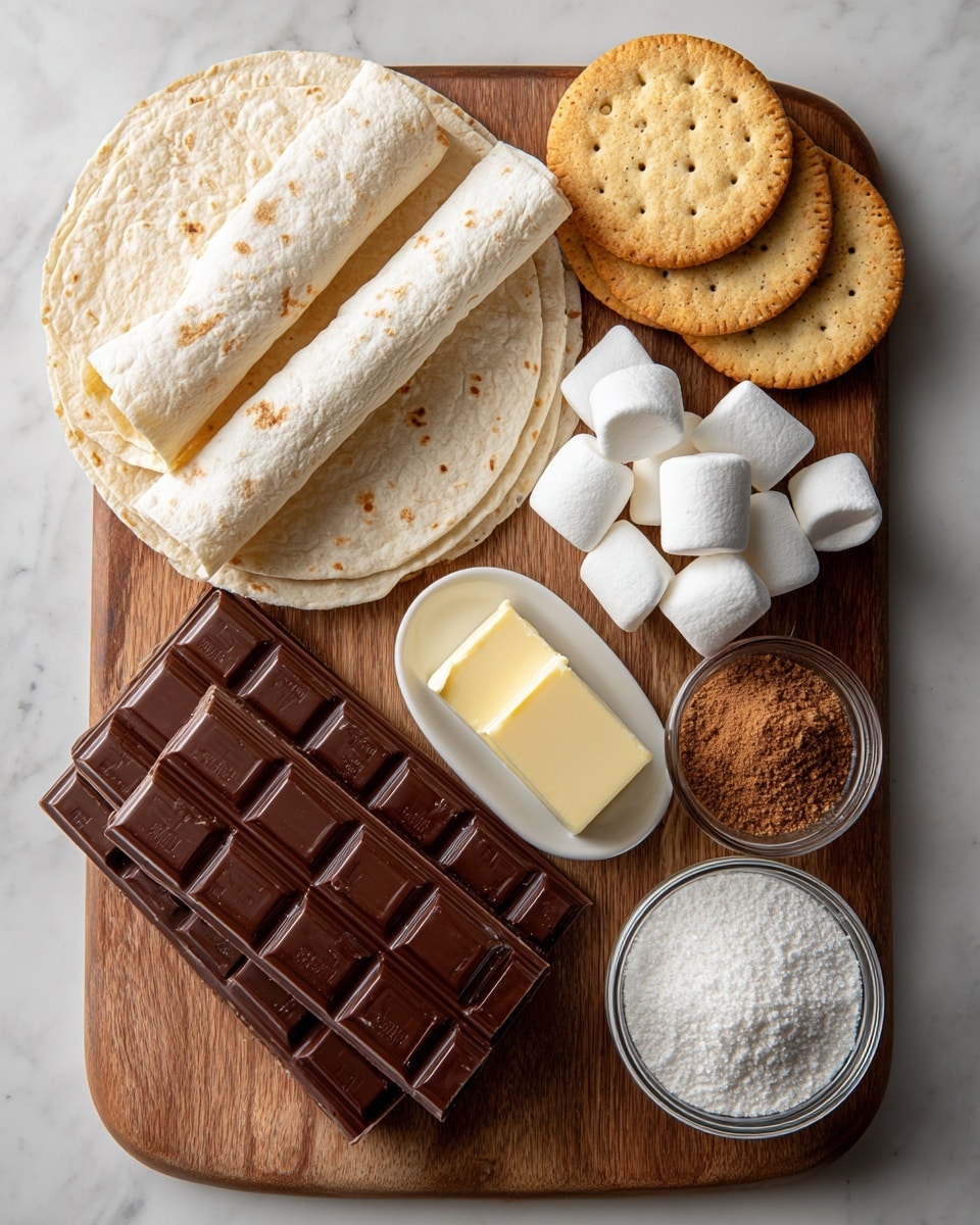 The image shows a wooden board placed on a white marbled surface with various ingredients neatly arranged on it. There are two folded white flour tortillas on the left side, three round golden crackers at the top center, and four white marshmallows to the right of the crackers. Below the marshmallows, there are two large dark brown chocolate bars stacked slightly askew. Near the bottom, a small white bowl contains a pale yellow chunk of butter, next to a small glass filled with brown cinnamon powder. To the right of the cinnamon, a clear glass holds white granulated sugar. The colors range from the light cream of the tortillas and marshmallows to the dark chocolate and warm tones of the crackers and cinnamon, all set against the smooth wooden board. Photo taken with an iphone --ar 4:5 --v 7