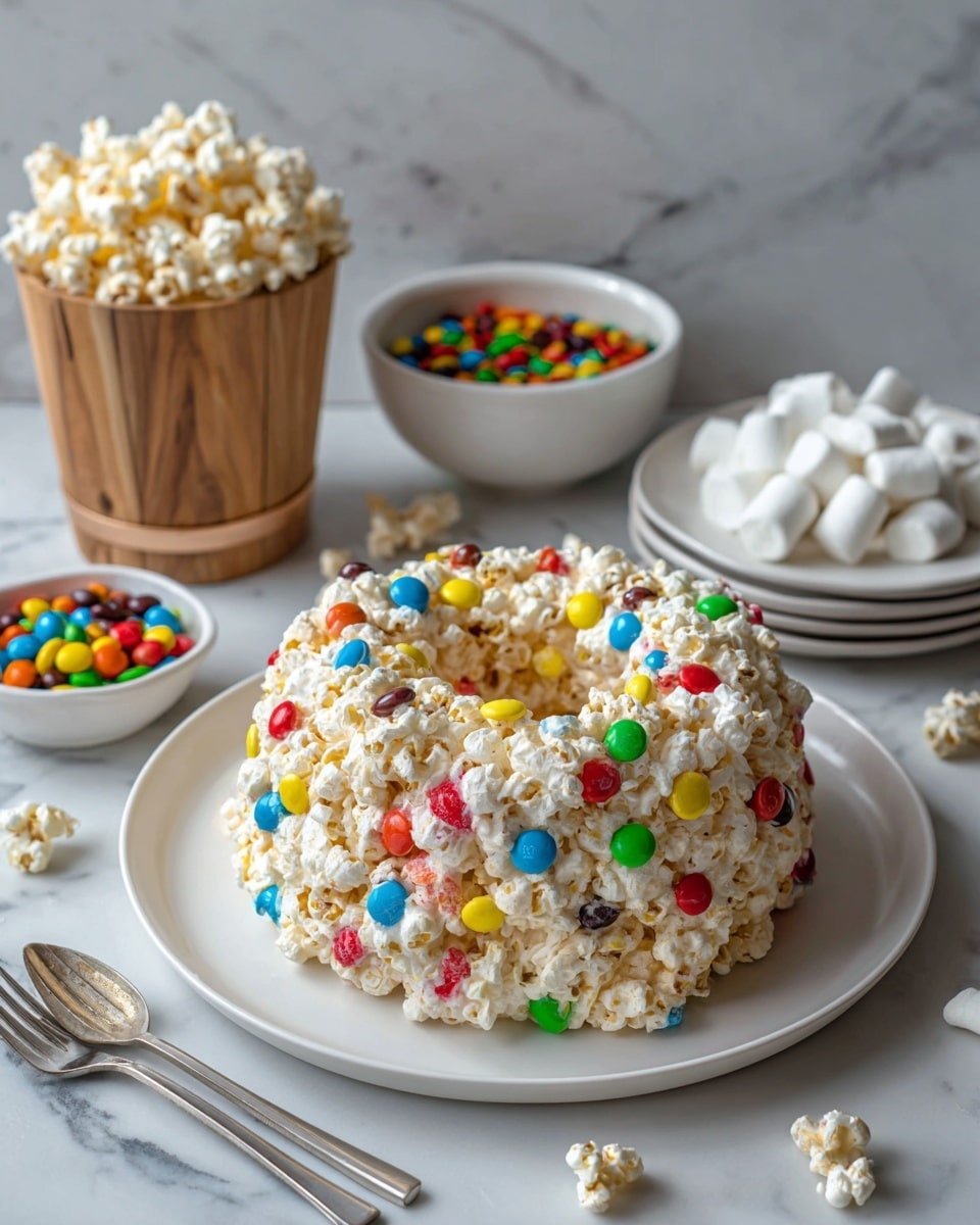 A large round popcorn cake shaped like a ring or a bundt, with a base layer of white popcorn covered in a shiny, sticky coating holding it together, mixed evenly with colorful candy-coated chocolate pieces in red, green, blue, and yellow scattered throughout. The popcorn cake sits on a simple white round plate on a white marbled surface. In the background, there is a large brown wooden bucket filled with plain white popcorn, a white bowl full of bright multi-colored candies, and a wooden bowl holding small white marshmallows. Next to these, there is a neat stack of white plates with a few forks on top. Some loose popcorns and colorful candies are scattered around the setup. Photo taken with an iphone --ar 4:5 --v 7