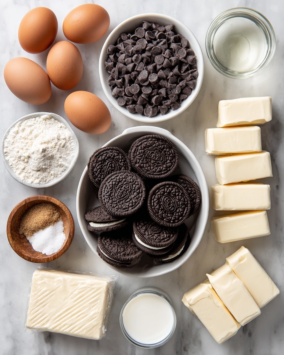 The image shows ingredients laid out on a white marbled surface, including a white bowl filled with many dark chocolate sandwich cookies stacked together near the bottom center, and four blocks of cream cheese in white packaging scattered to the right. Above the cookies is a white bowl filled with small dark chocolate chips. On the left side, there are four brown eggs placed close together, a small glass bowl with a clear liquid, and a wooden bowl containing white granulated sugar. Near the bottom left corner is a glass container with brown sugar, a small cup with white cream, and a white stick of butter. A clear bowl of white flour sits near the bottom right. The setting is bright and all items are neatly arranged. Photo taken with an iphone --ar 4:5 --v 7