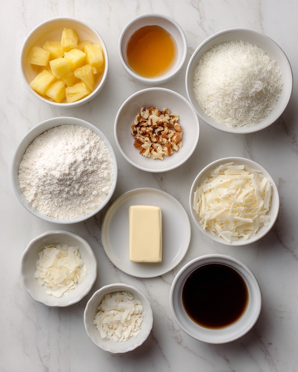 The image shows a white marbled surface with nine white bowls arranged neatly. The top left bowl contains small yellow pineapple chunks. Next to it, a bowl holds a golden brown liquid, likely honey or syrup. To the right, a bowl is filled with white rice. Below, a bowl has fine shredded coconut in small white strands. A larger mound of white flour sits in a big bowl toward the bottom left. Next to it, a small bowl holds light brown chopped nuts. A white square block of butter rests on a small white plate in the center. Another bowl contains white coconut flakes and a bowl with a small amount of dark brown liquid is placed near the middle. The layout is organized and the colors create a clean and fresh feel. Photo taken with an iphone --ar 4:5 --v 7