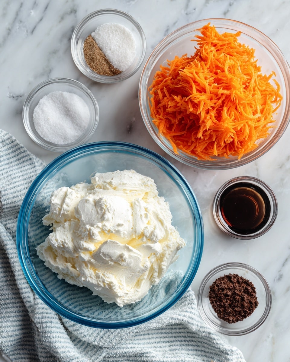A clear blue glass bowl at the center holds a thick white block of cream cheese as the main layer. Behind it, a smaller clear glass bowl is filled with bright orange shredded carrots forming the second layer. Around the bowls are small clear glass containers with different ingredients: one with a fine white powder, another with dark brown powder, a tiny one with salt, and a small container with dark liquid. A white marbled surface is underneath all the bowls, with a light blue and white striped cloth partially under the carrot bowl. photo taken with an iphone --ar 4:5 --v 7