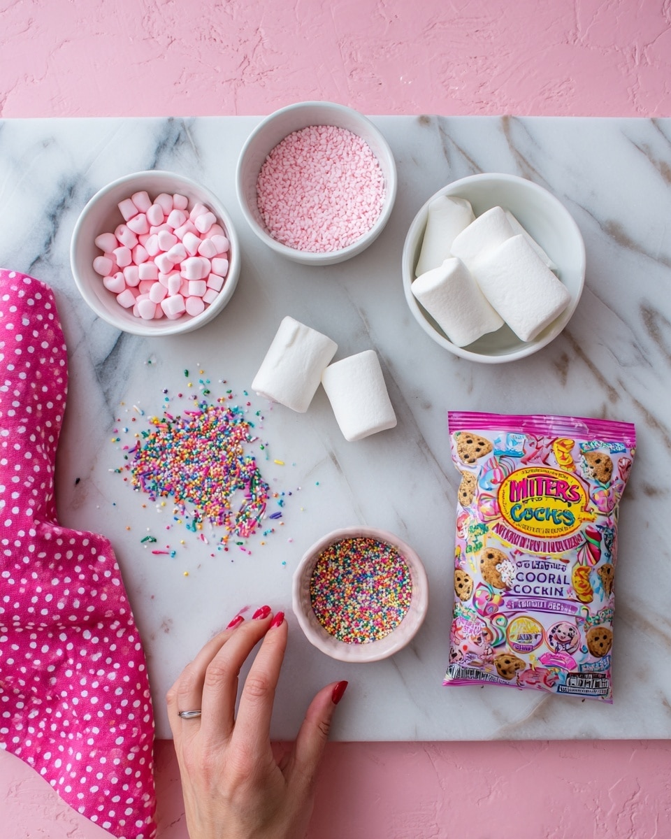 The image shows various baking ingredients neatly arranged on a white marbled surface with a pink backdrop. There are two small white bowls filled with pink and white candy melts placed at the top, next to three rectangular white marshmallows. Below the marshmallows, an opened colorful bag of Mother's Circus Animal Cookies is centered. To the left, a small white bowl holds colorful sprinkles. A woman's hand wearing a pink fabric with white polka dots is partially visible in the bottom left corner, gently touching the sprinkle bowl. The scene is bright and clean, with pink and white colors dominating the composition photo taken with an iphone --ar 4:5 --v 7