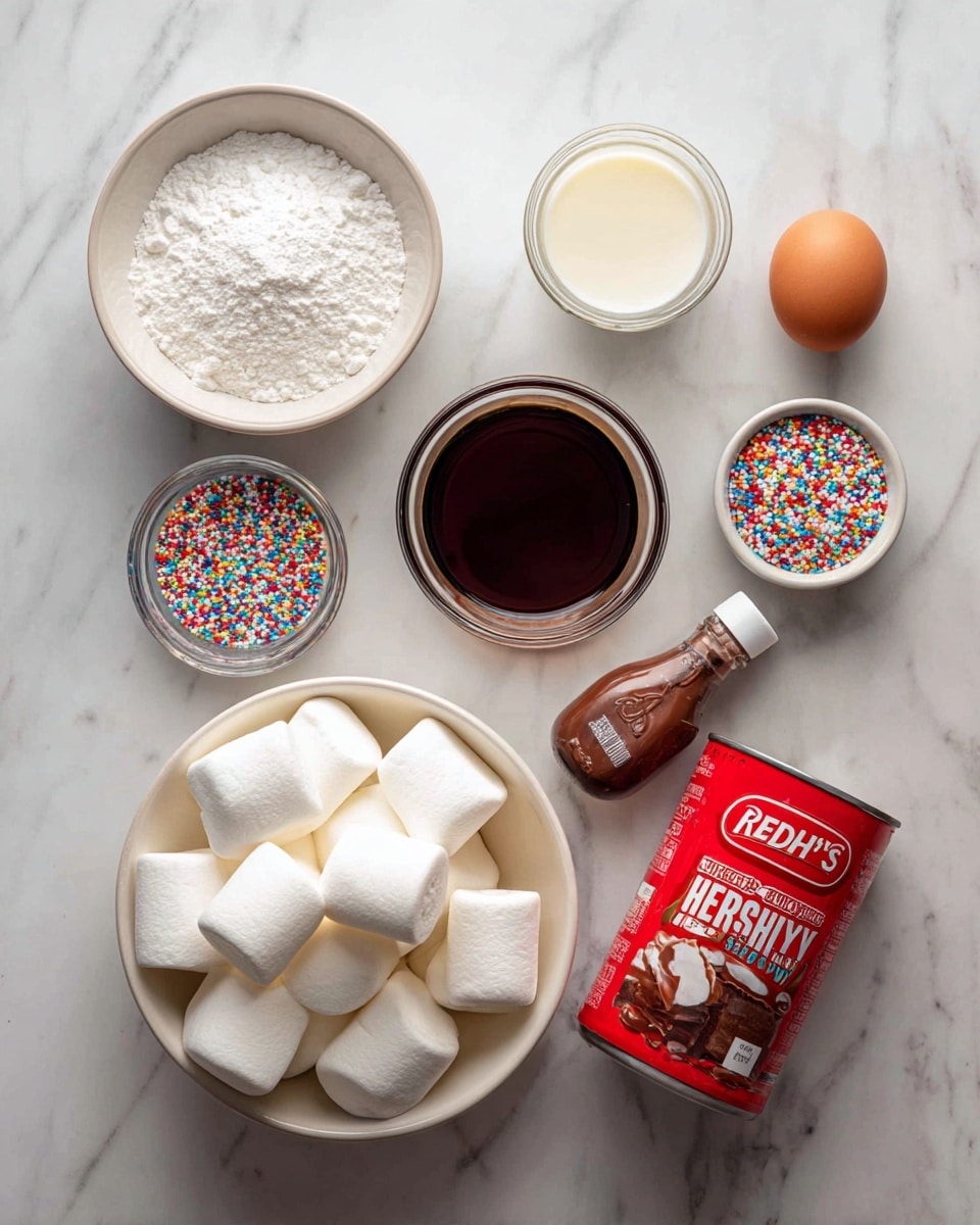 The image shows a white marbled surface with several ingredients placed neatly on it. There is a bowl filled with large white marshmallows at the bottom, a bowl with white powdered sugar on the left side, and a small container of colorful sprinkles near the top right. Next to the sprinkles is a small bowl with a brown egg, and nearby is a glass with a white liquid, likely milk. A large red can of Reddi Wip and a bottle of Hershey's chocolate syrup are placed in the middle. All items are separated clearly on the white marbled surface, with soft natural light enhancing the colors and textures. photo taken with an iphone --ar 4:5 --v 7