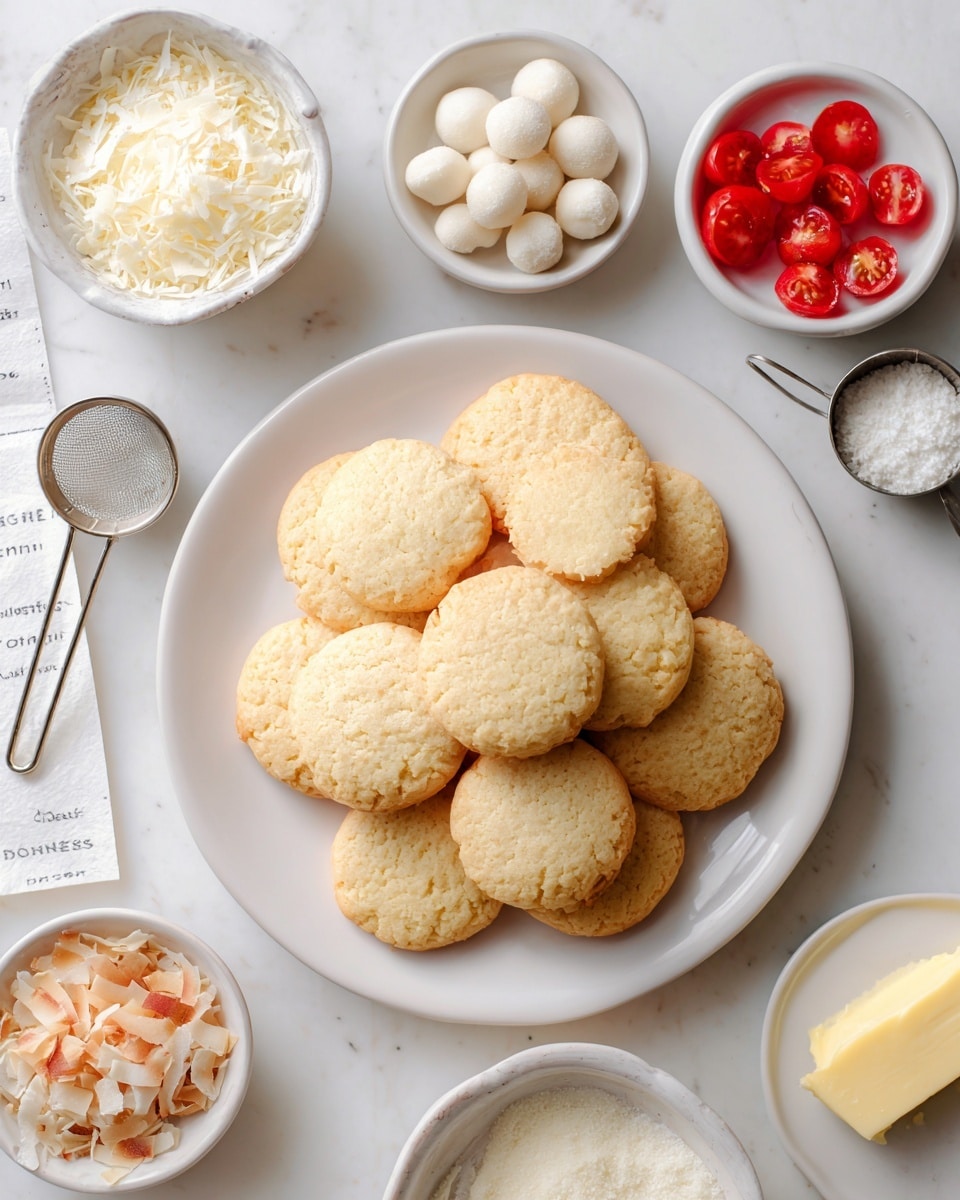 A top view of a white plate filled with a pile of round golden biscuits, placed at the center of a white marbled surface. Surrounding the plate are small white bowls containing red cherry tomatoes, shredded coconut, small white balls (possibly cheese or butter), and toasted coconut flakes. There is also a dollop of light yellow butter on a white dish, a small silver measuring cup, and a fine sieve filled with white powder nearby. A white paper with some printed text is partially visible on the left side. Photo taken with an iphone --ar 4:5 --v 7