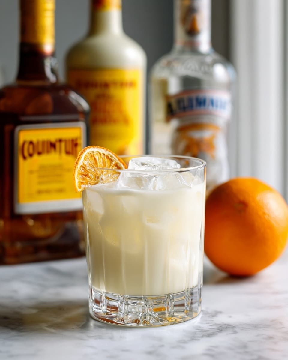A clear glass filled with a light creamy drink topped with large clear ice cubes and a single dried orange slice resting on the rim. Behind the glass, there are three bottles: one brown bottle labeled Cointreau, a yellow bottle labeled Galliano Vanilla, and a clear bottle labeled Smirnoff vodka. On the right side of the glass, there is a whole fresh orange. All items rest on a white marbled surface photo taken with an iphone --ar 4:5 --v 7
