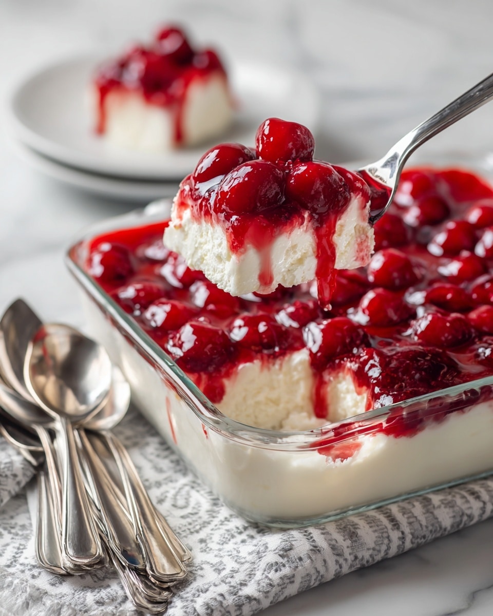 The image shows a clear glass dish with two layers of dessert. The bottom layer is white with a soft, crumbly texture, and the top layer is a shiny, bright red cherry topping with whole cherries covered in a glossy sauce. A metal spoon lifts a portion from the dish, showing both layers clearly. In the background, there is a white plate with a serving of the same dessert, and next to the dish, there are three silver spoons resting on a white cloth with a simple black pattern. The surface underneath is a white marbled texture. Photo taken with an iphone --ar 4:5 --v 7
