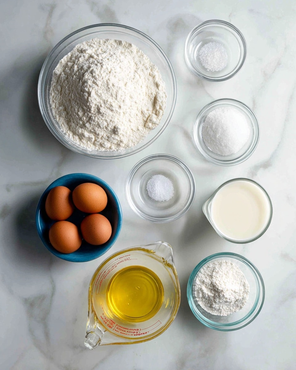 The image shows a white marbled surface with seven clear glass bowls and one small blue bowl arranged neatly. In the top left is a large glass bowl filled with white flour. To its right is a smaller clear bowl containing white sugar, next to a tiny clear bowl with salt. On the far right is a medium glass bowl filled with milk. Below these, a large glass measuring cup holds a yellow liquid, likely oil. Near the center bottom is a small blue bowl holding three brown eggs. To the right of this is a tiny clear bowl with a white powder, possibly baking powder. Photo taken with an iphone --ar 4:5 --v 7